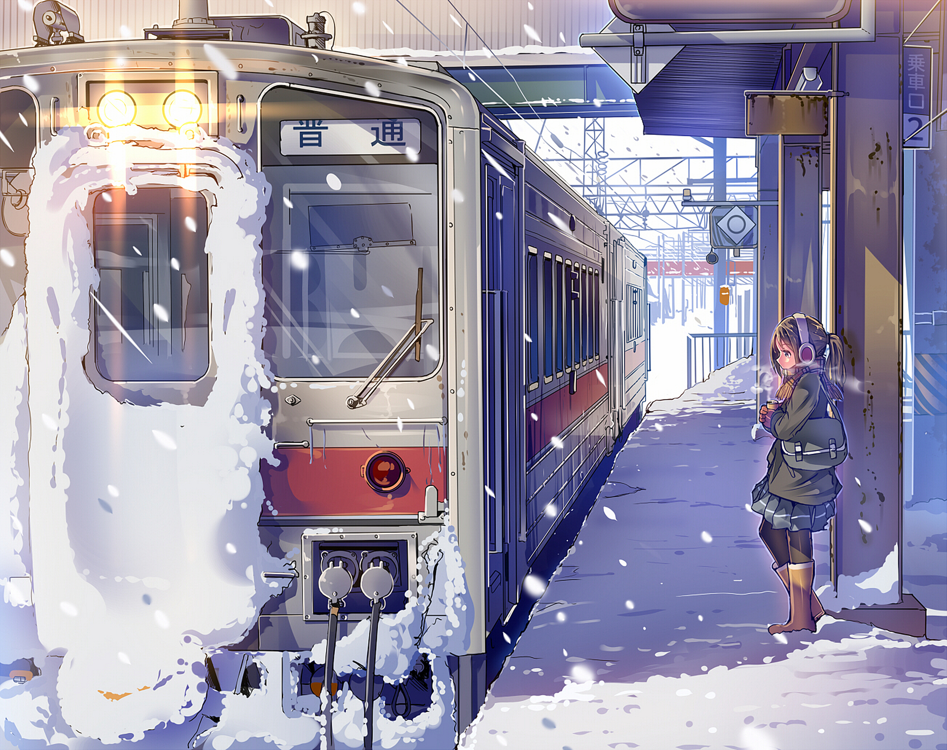 Anime train station in winter with a girl HD Wallpaper