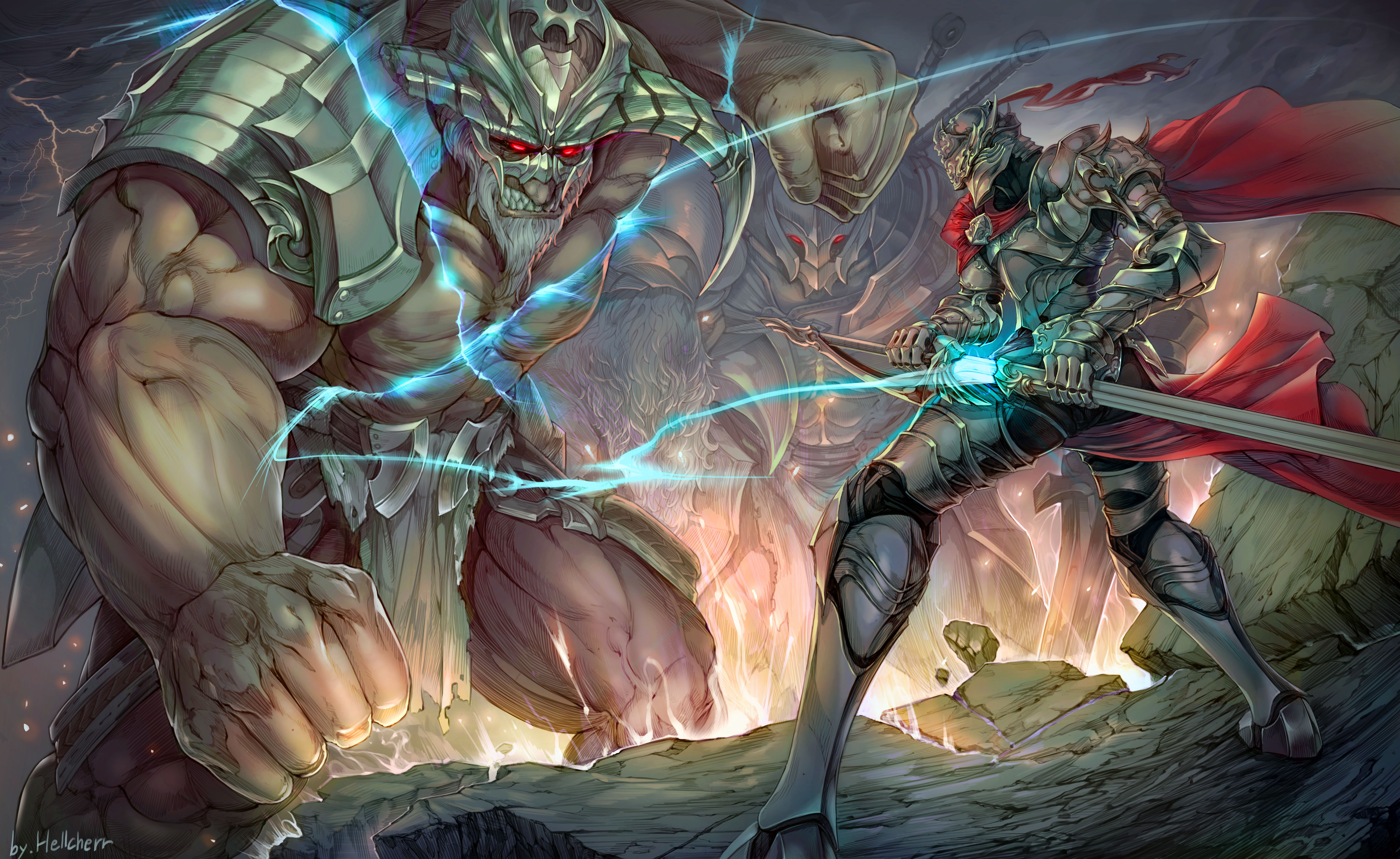 Knight battles a giant demon with lightning HD Wallpaper