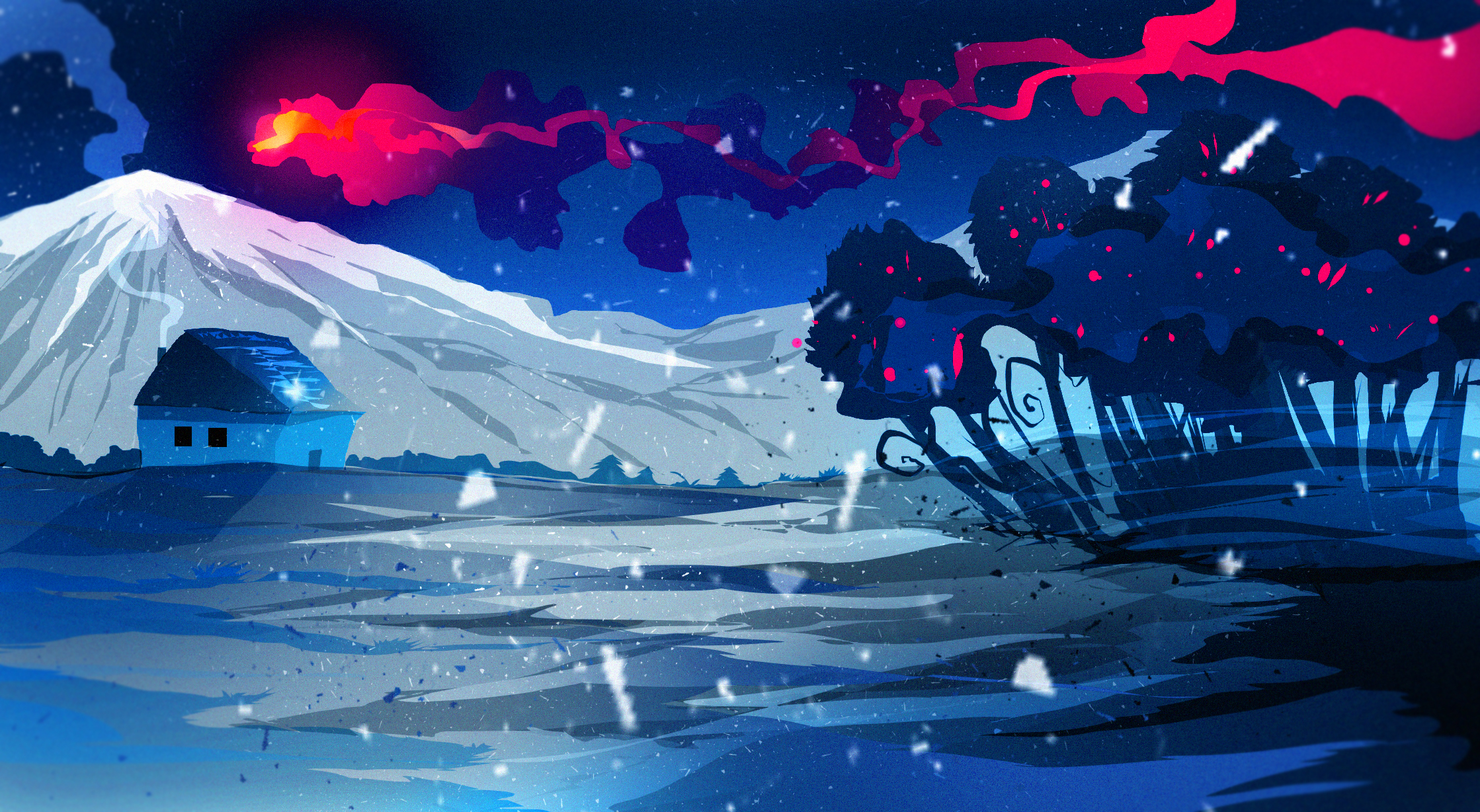 Artistic landscape with snowy mountains and a house HD Wallpaper