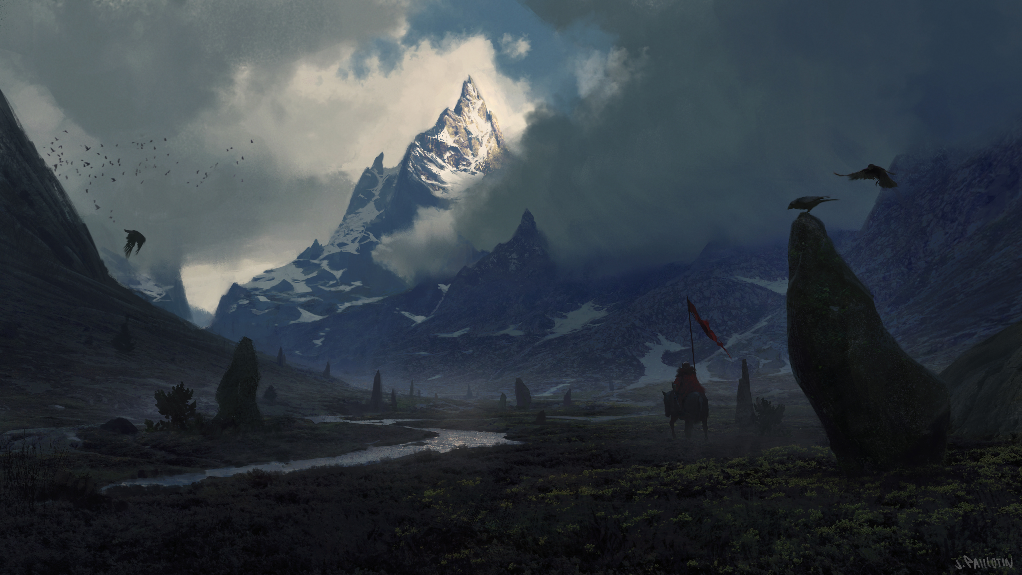 Warrior on horseback with flag in a mountain valley with crows HD Wallpaper