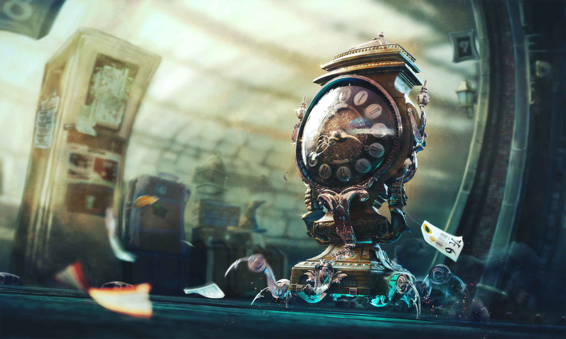 Steampunk clock with mechanical spider legs HD Wallpaper