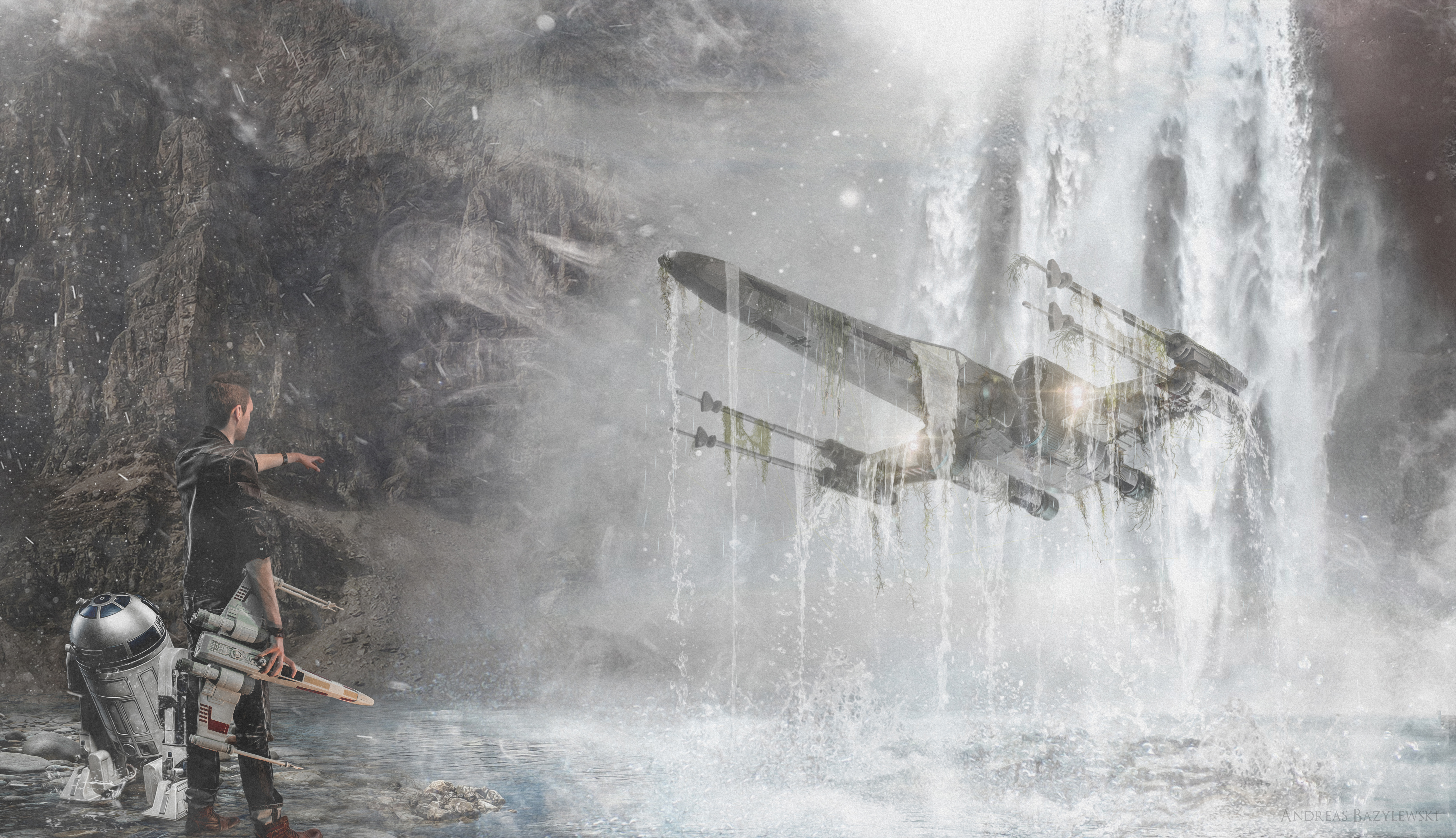 Man and R2-D2 with X-Wing near Waterfall HD Wallpaper