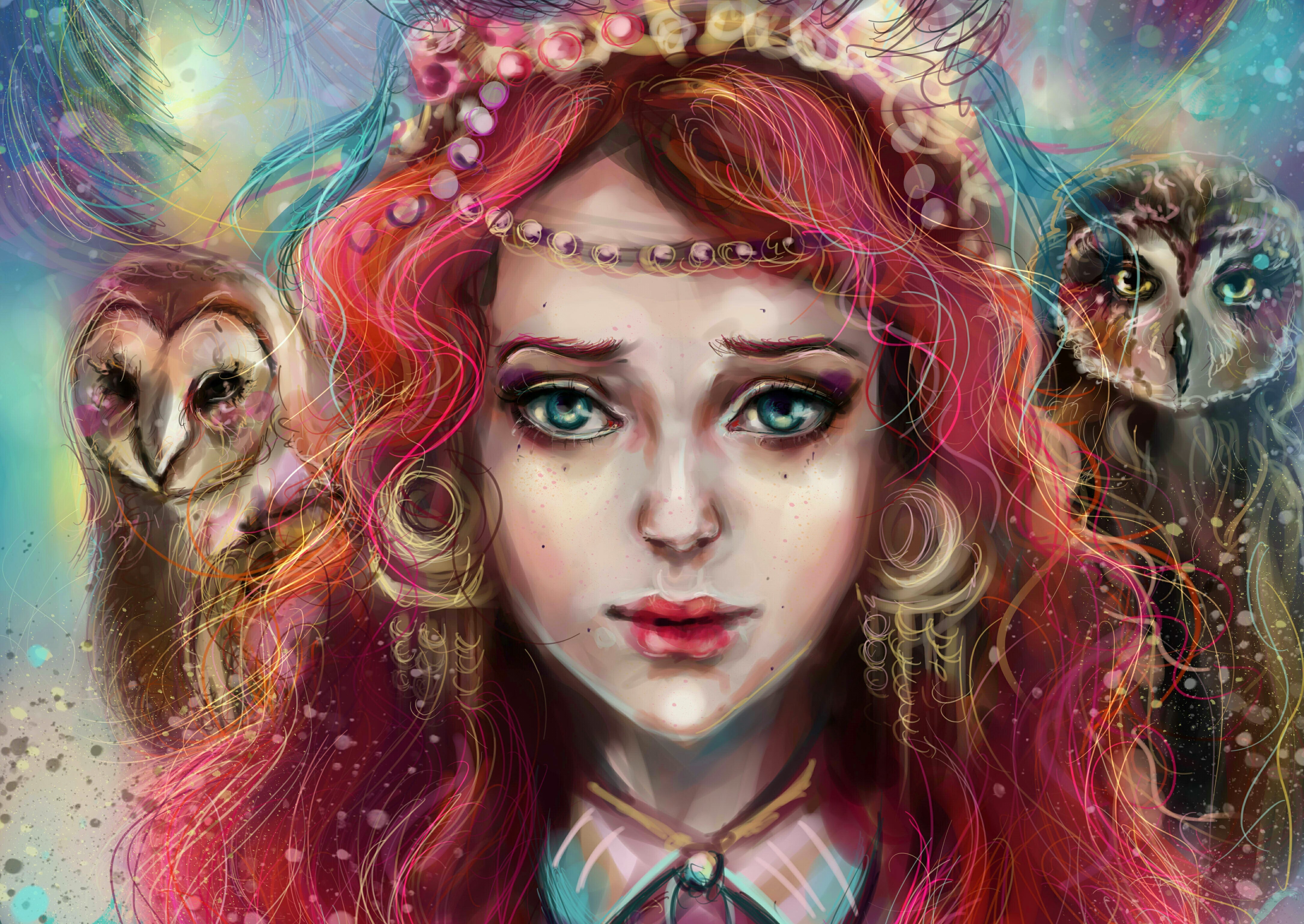 Girl with red hair and owls HD Wallpaper