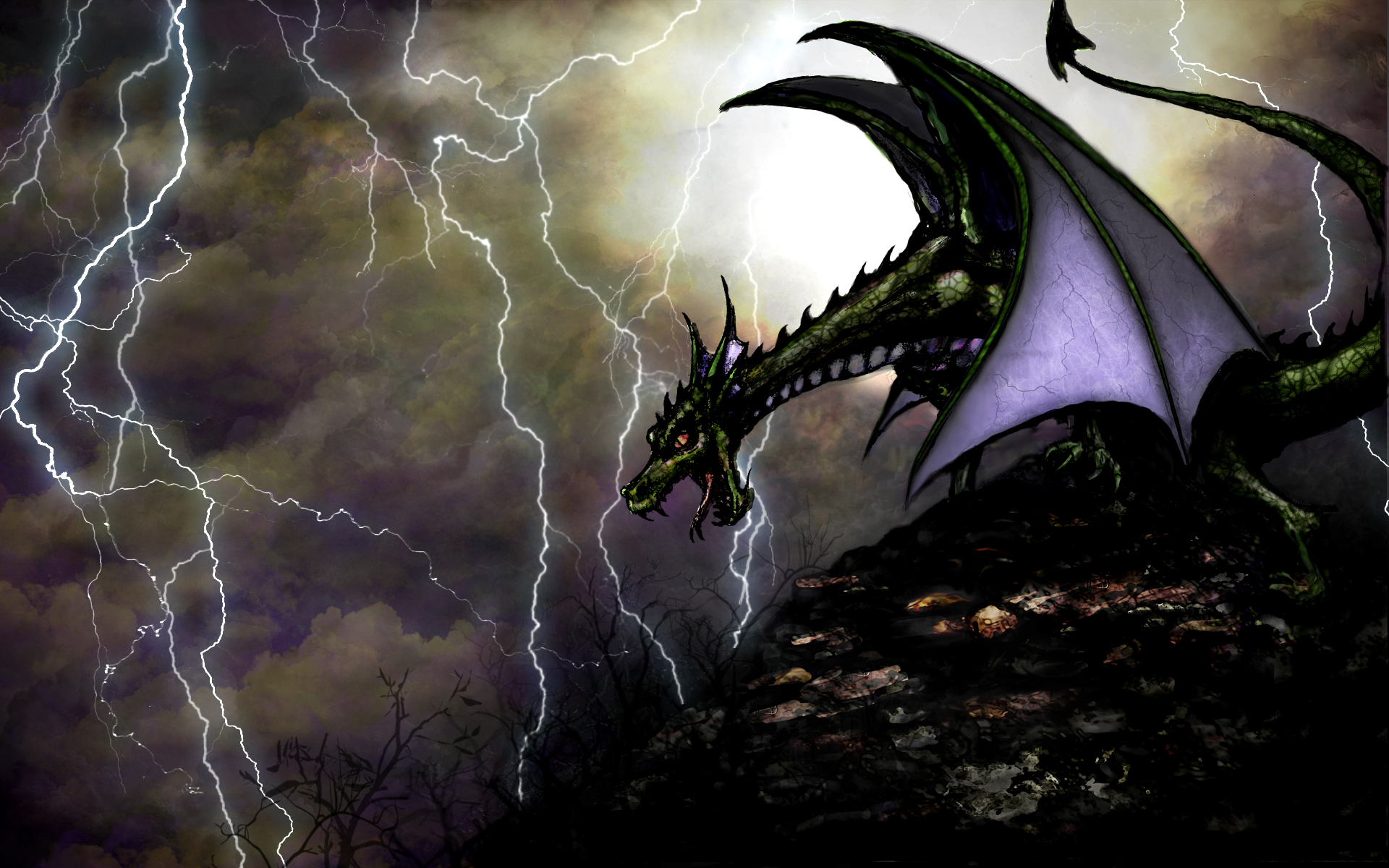 Green dragon on a rocky outcrop during a lightning storm HD Wallpaper