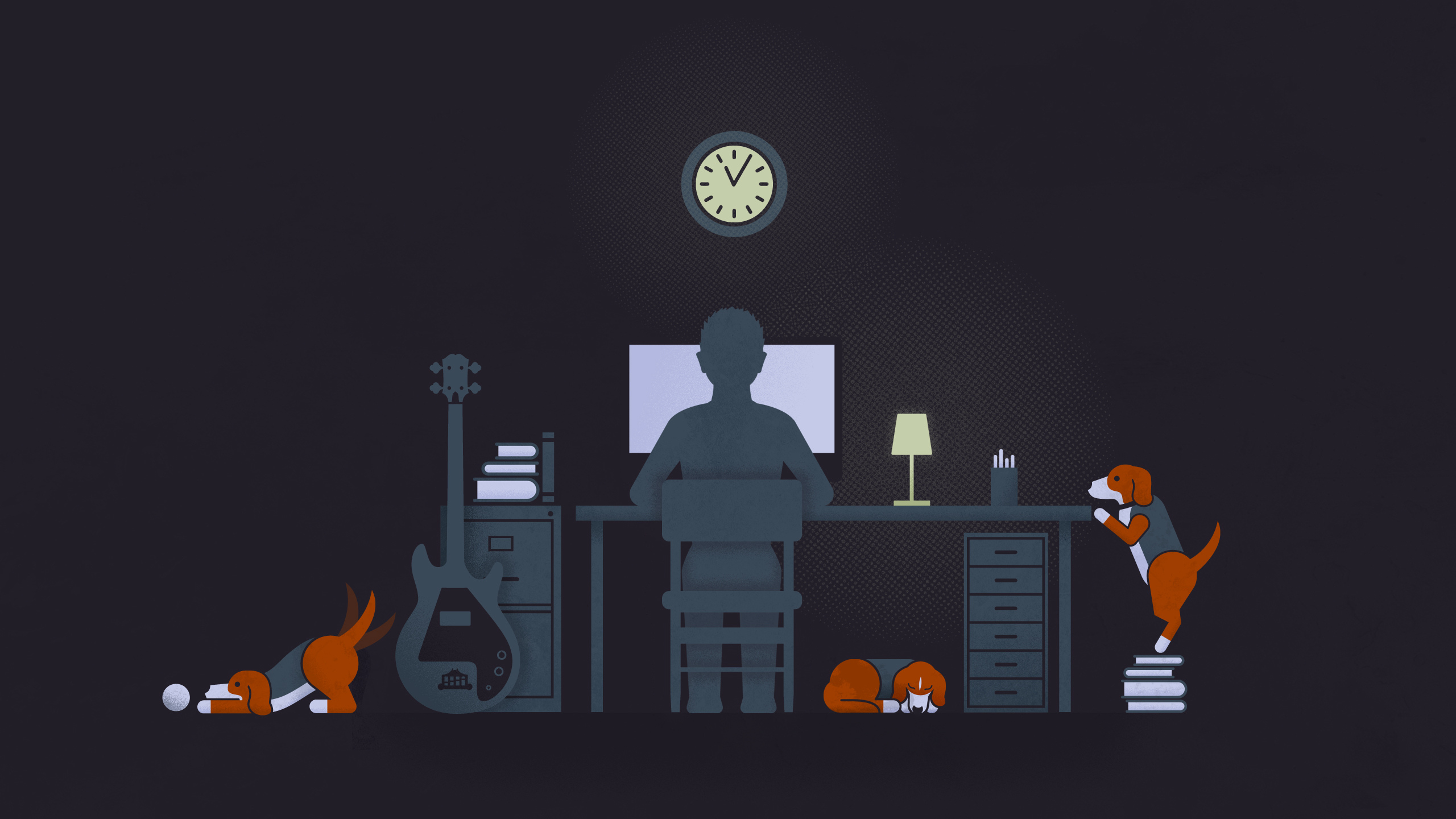 Man working at desk with dogs and guitar HD Wallpaper