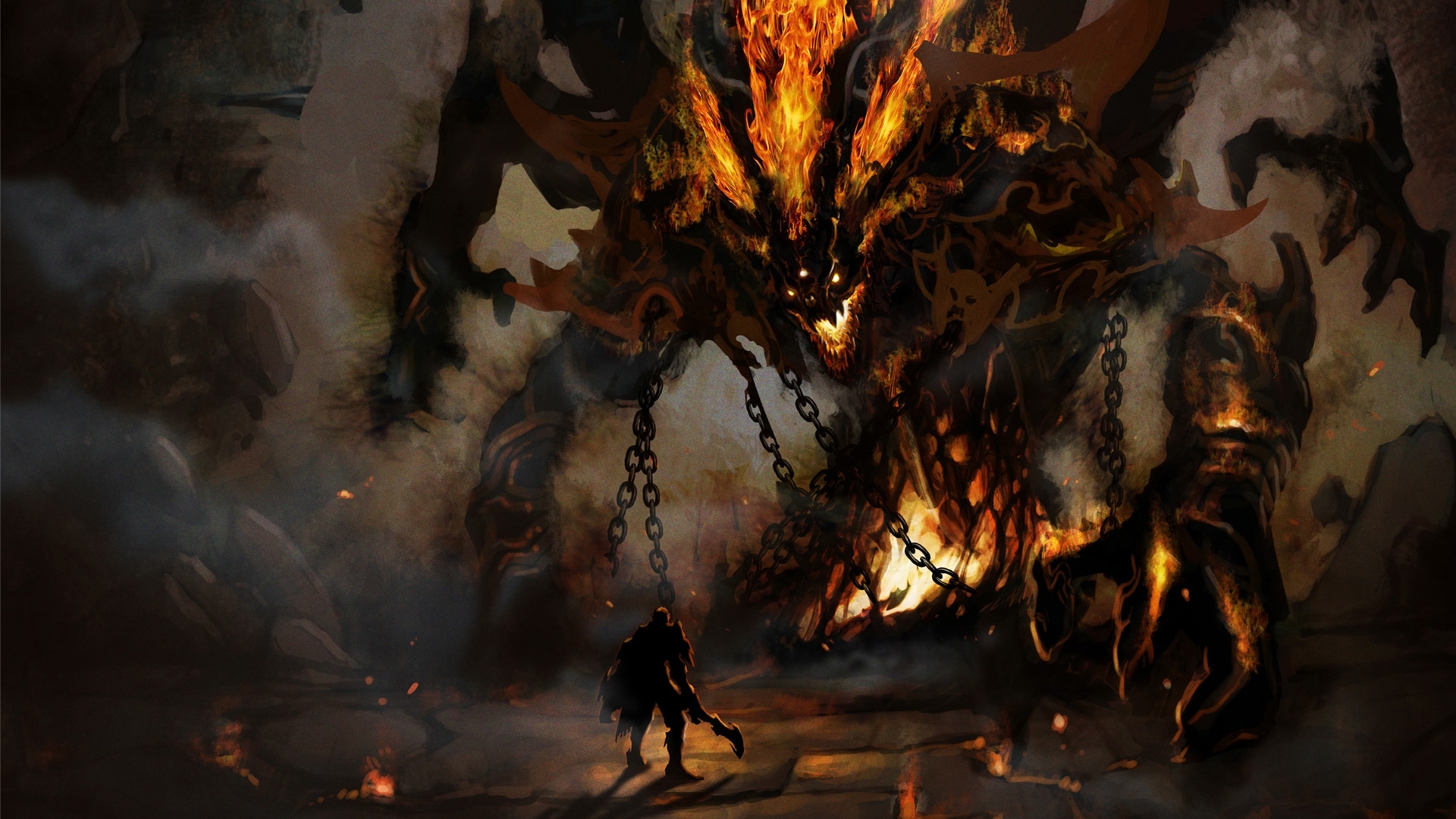 Fiery Demon and Warrior in Aion HD Wallpaper