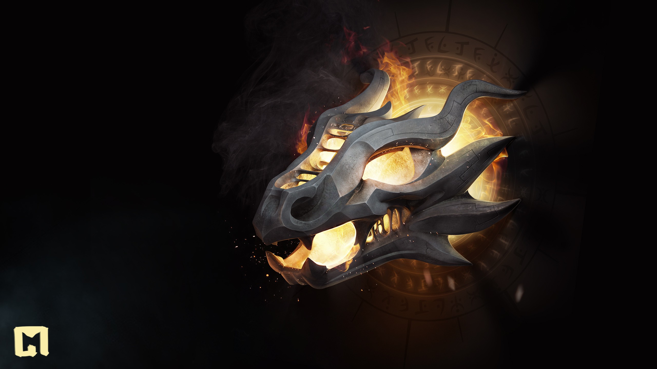 Dragon Head with Fire and Symbols HD Wallpaper