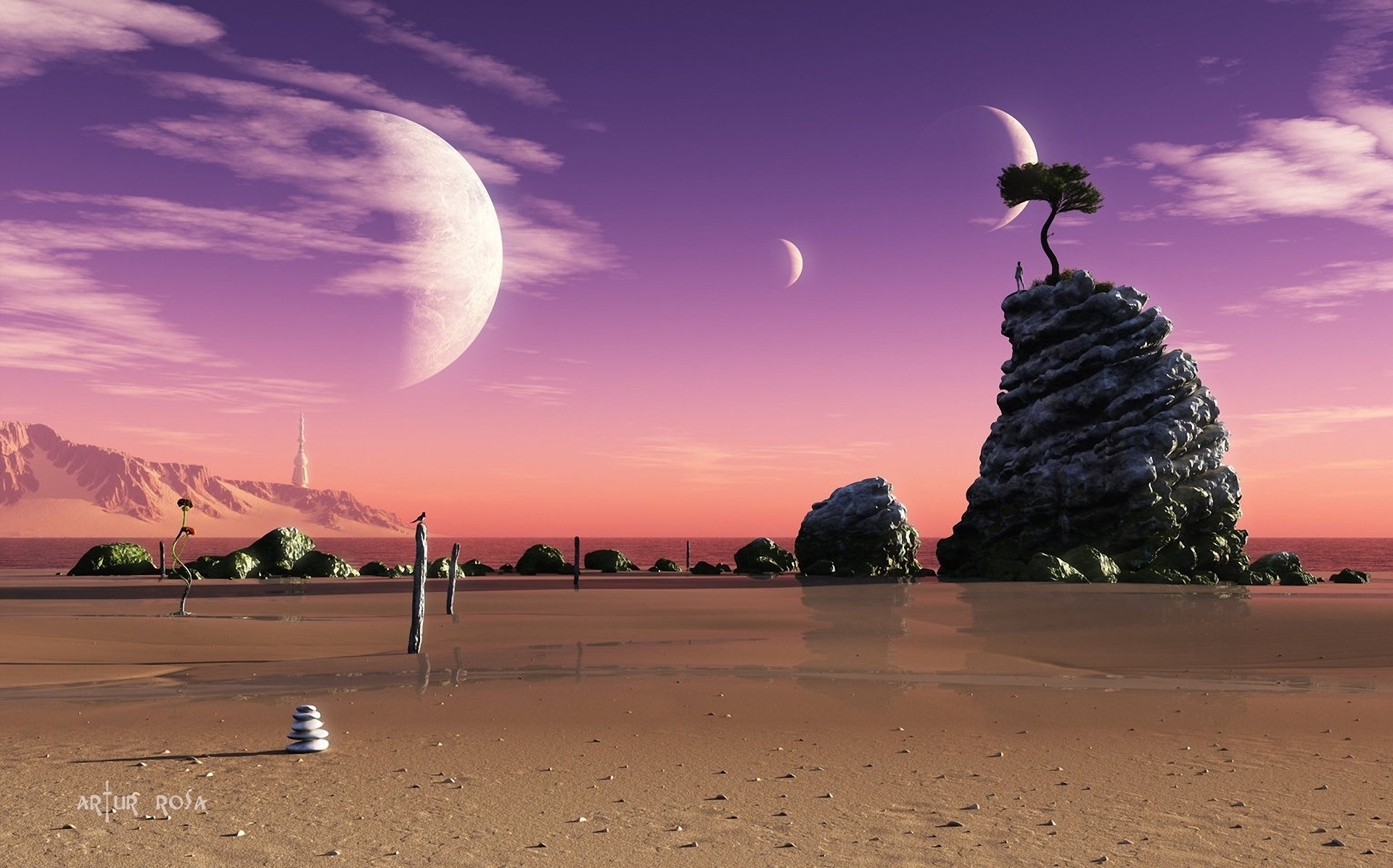 Sci Fi alien landscape with moons and planets HD Wallpaper