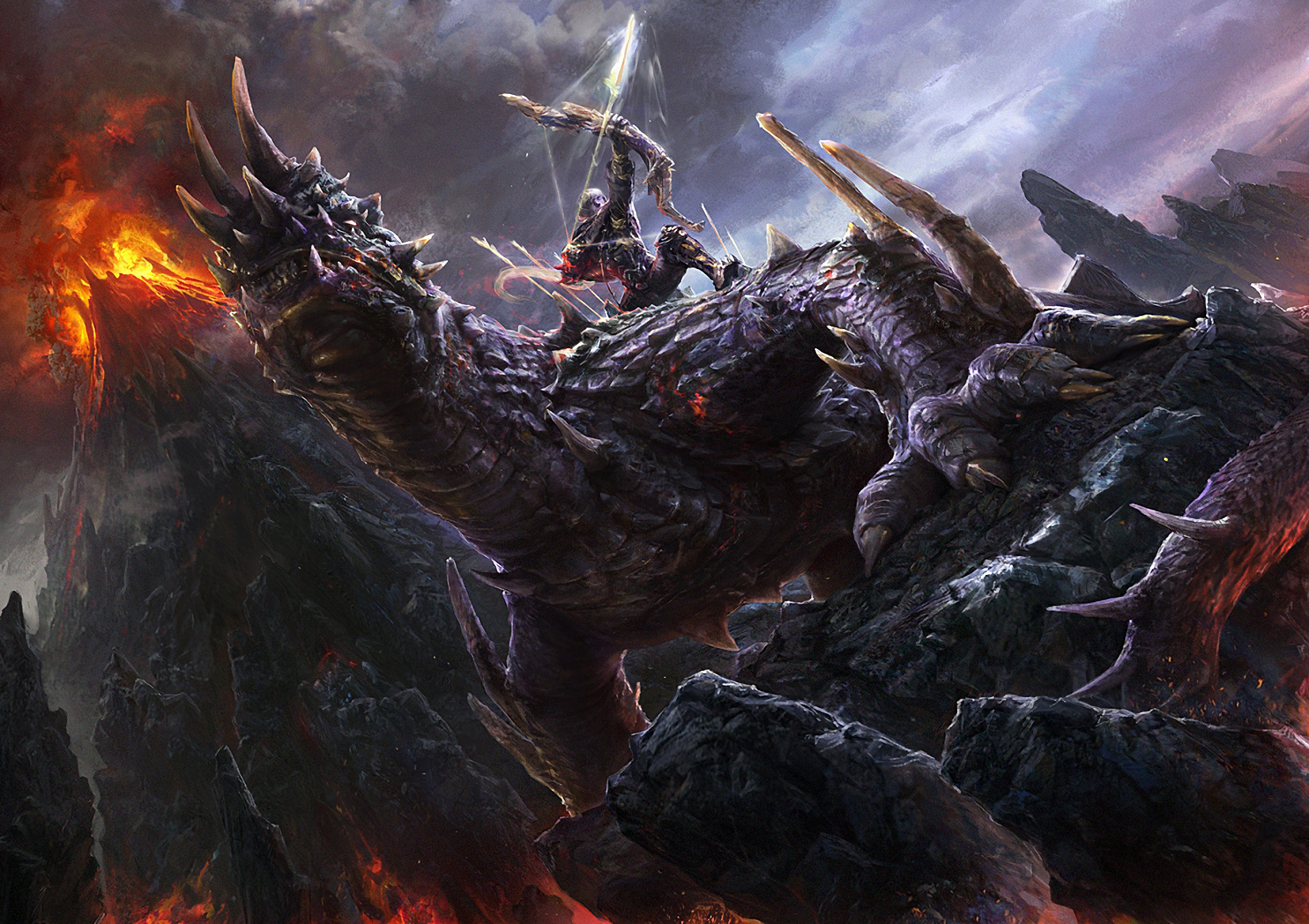 Archer on a dragon near a volcano HD Wallpaper