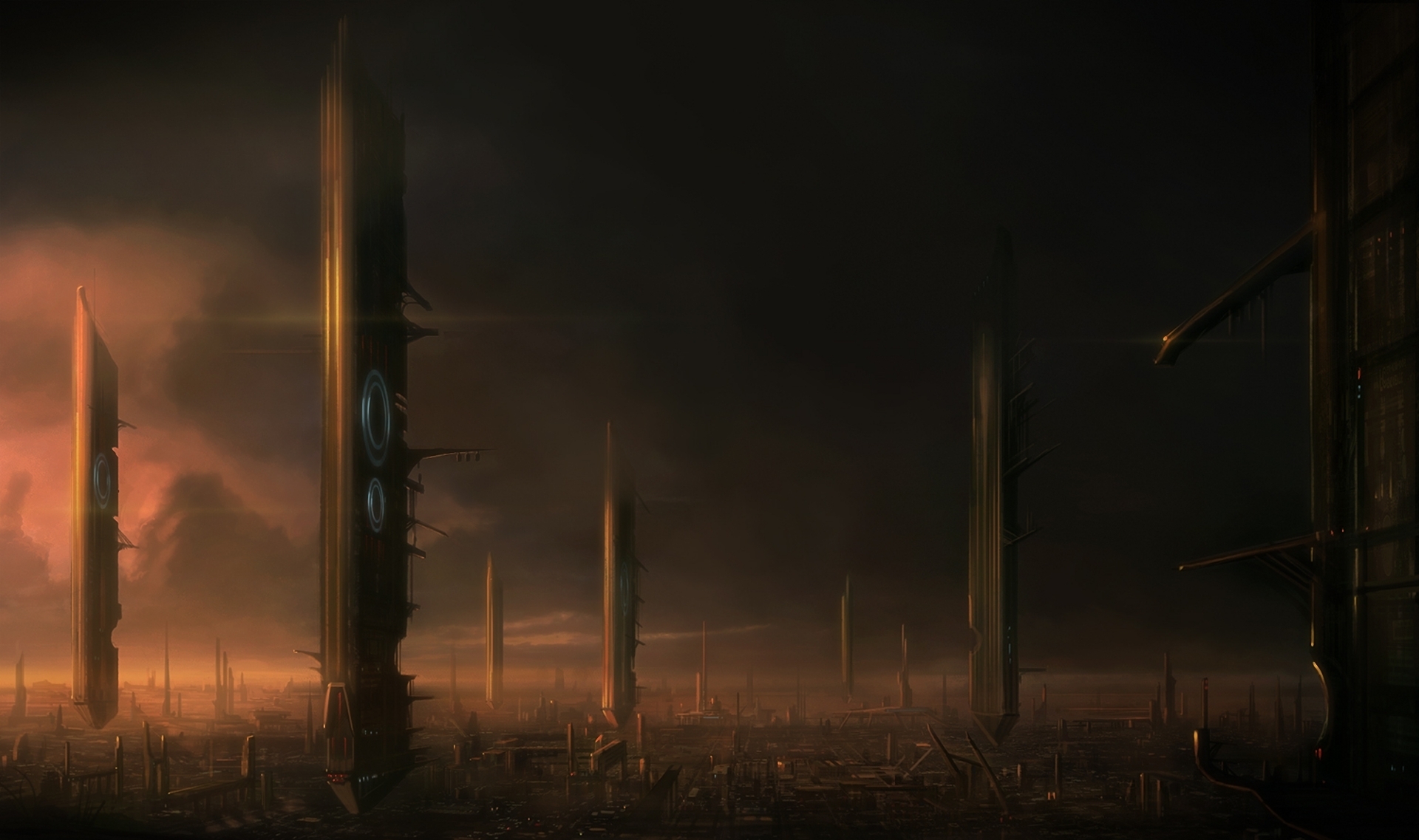 Sci Fi Cityscape with Tall Structures HD Wallpaper
