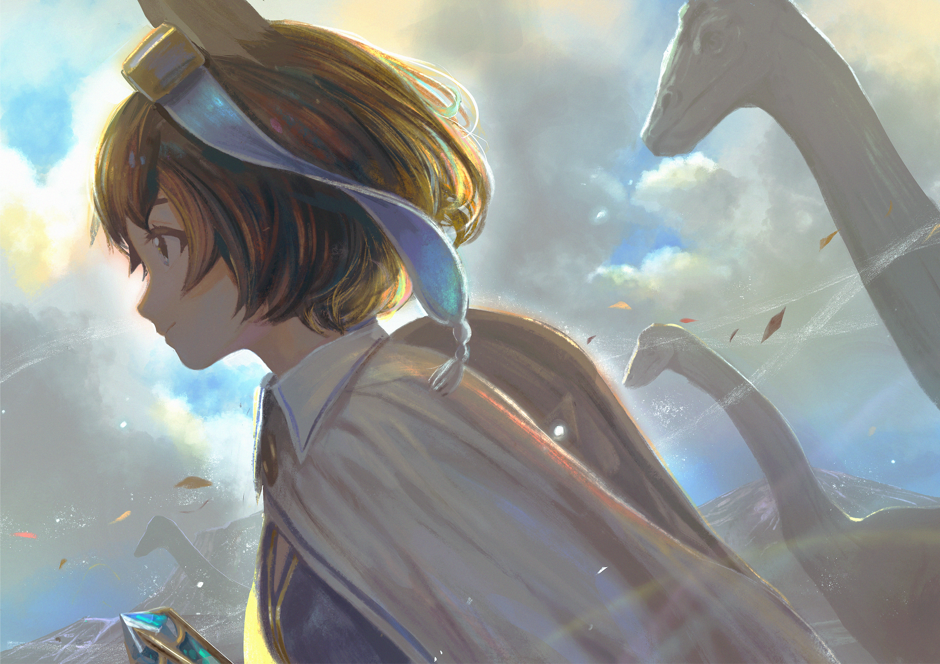 Girl with short hair and dinosaurs in the sky HD Wallpaper