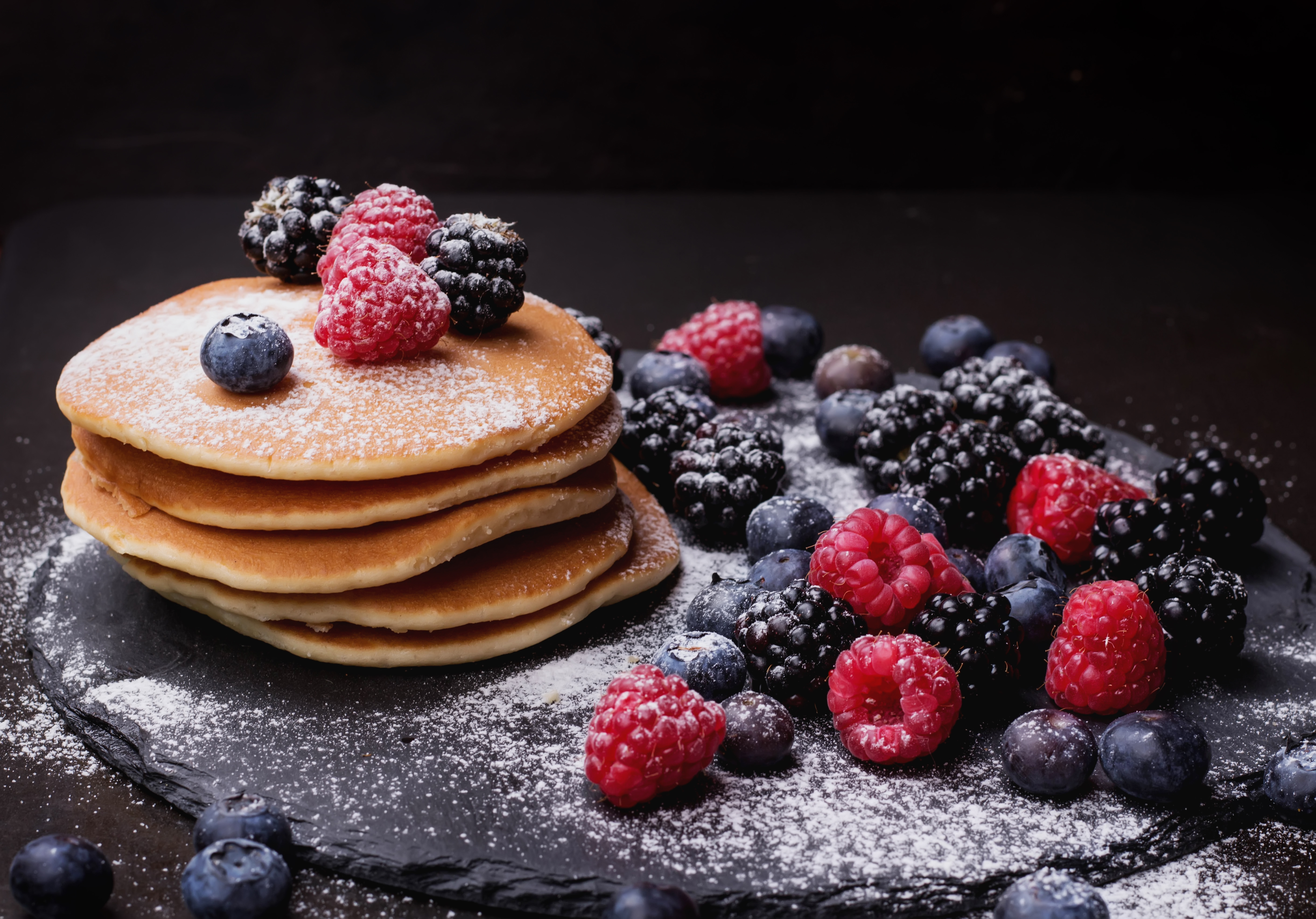 Pancakes with Berries and Powdered Sugar HD Wallpaper