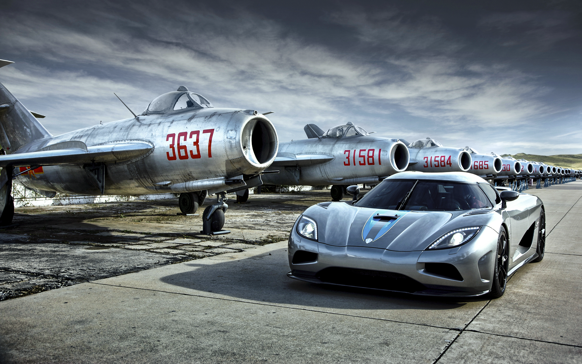 Koenigsegg Agera and Mikoyan-Gurevich MiG-15 Aircraft HD Wallpaper