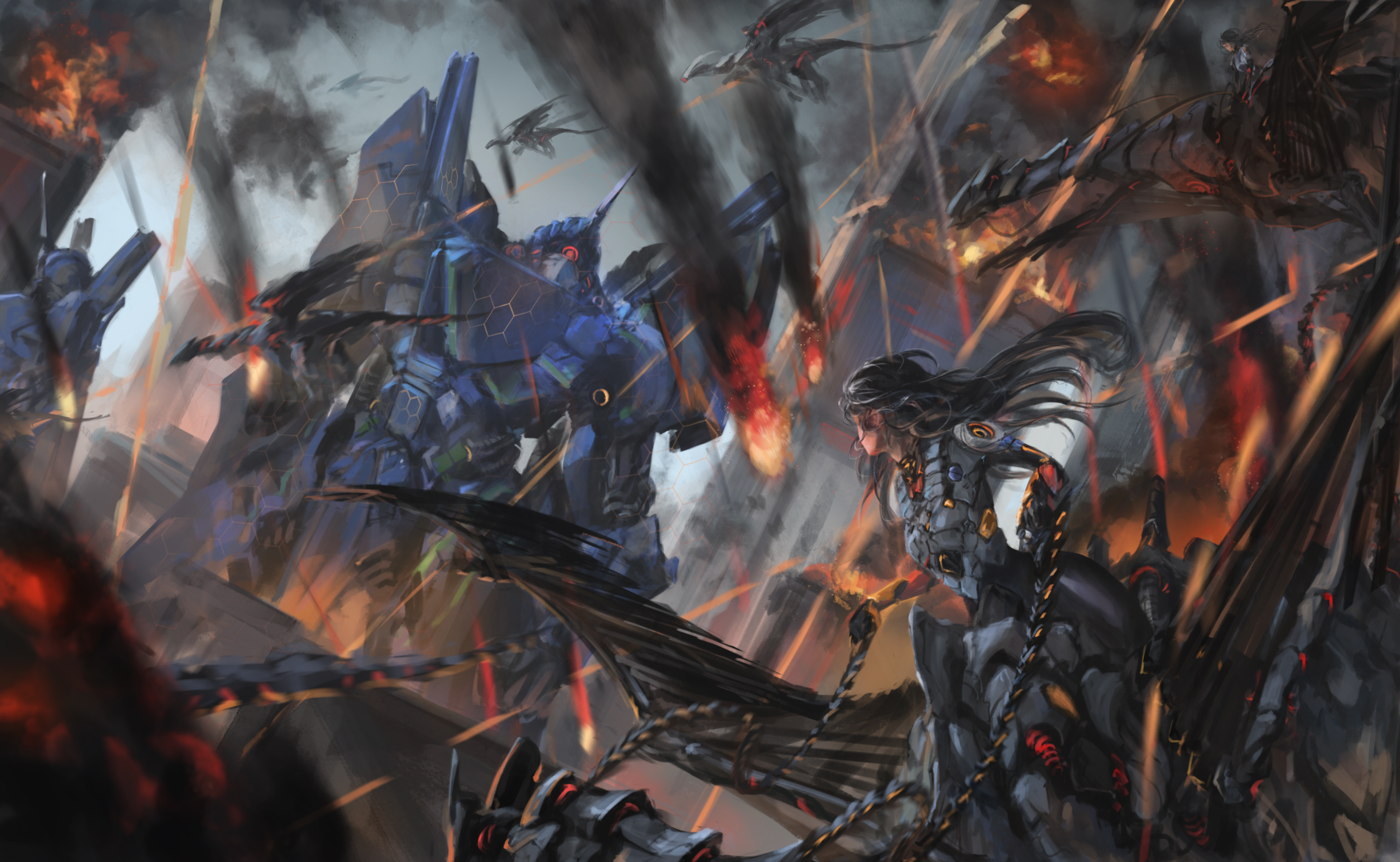 Anime battle with mechs and dragons HD Wallpaper