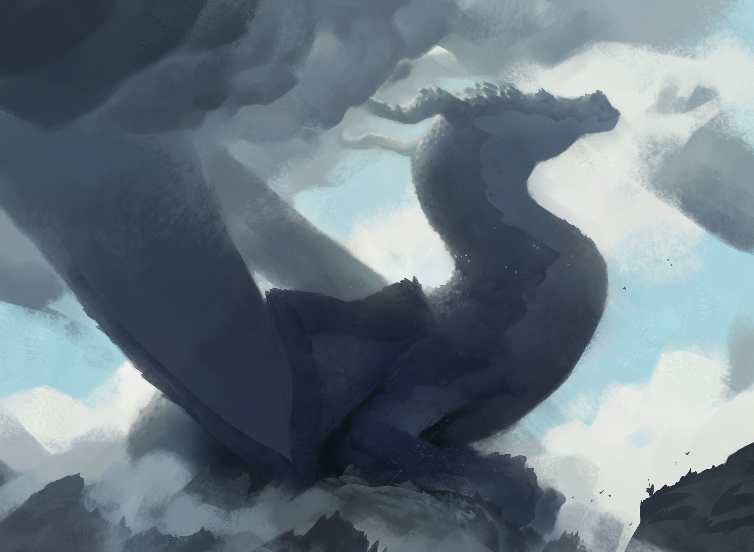 A dark dragon emerges from clouds above rocky terrain HD Wallpaper