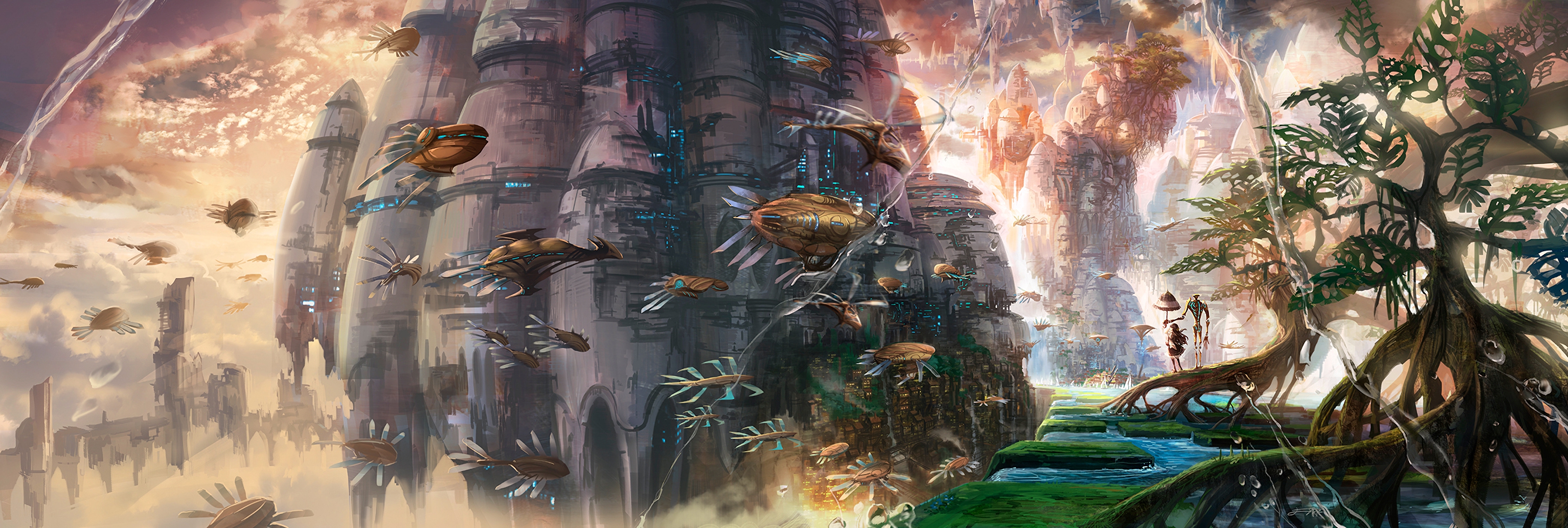 Sci-fi city with flying vehicles and trees HD Wallpaper