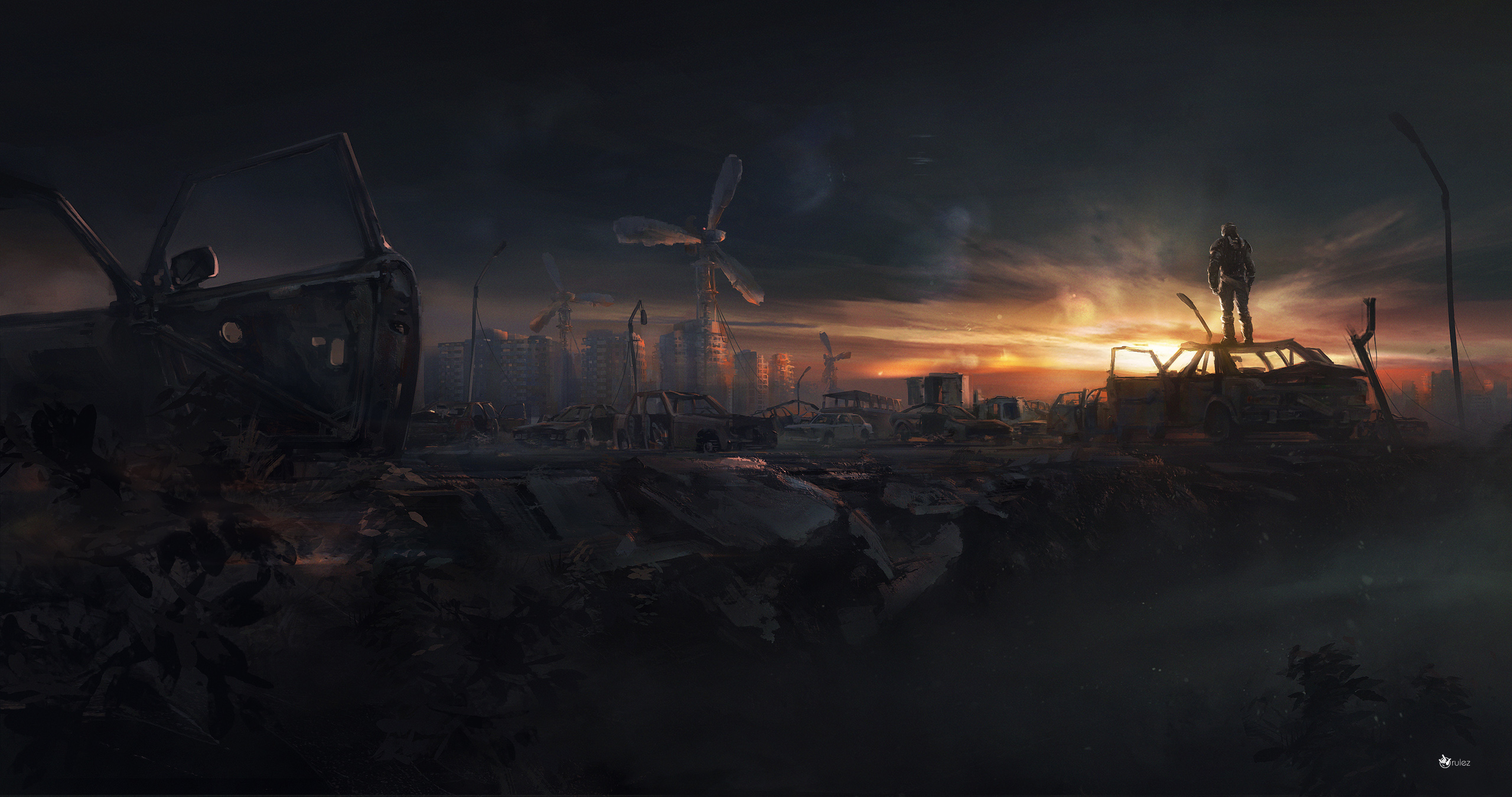 Post-apocalyptic city with a lone figure on a car HD Wallpaper