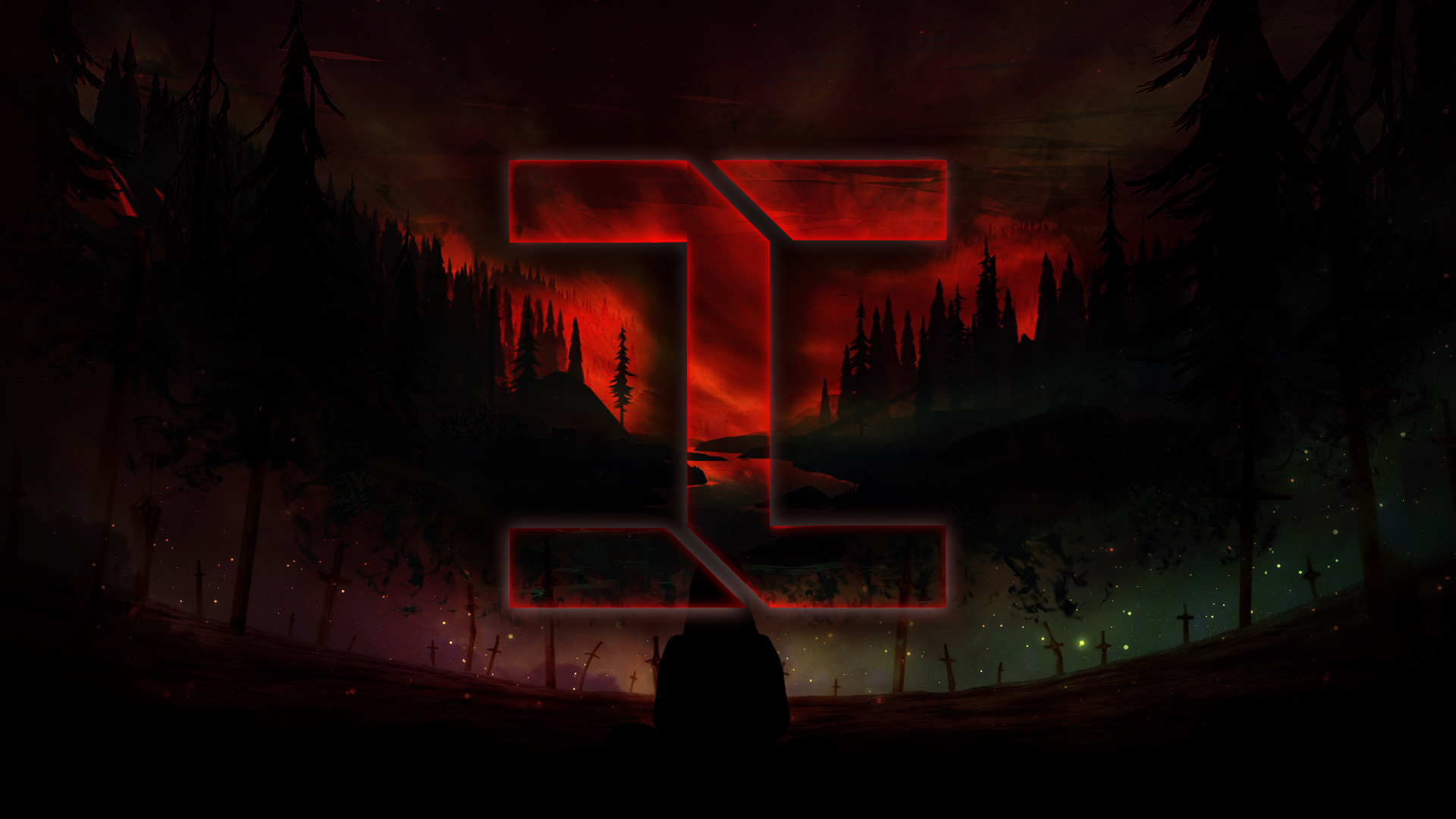 Dark forest with red symbol and graves HD Wallpaper