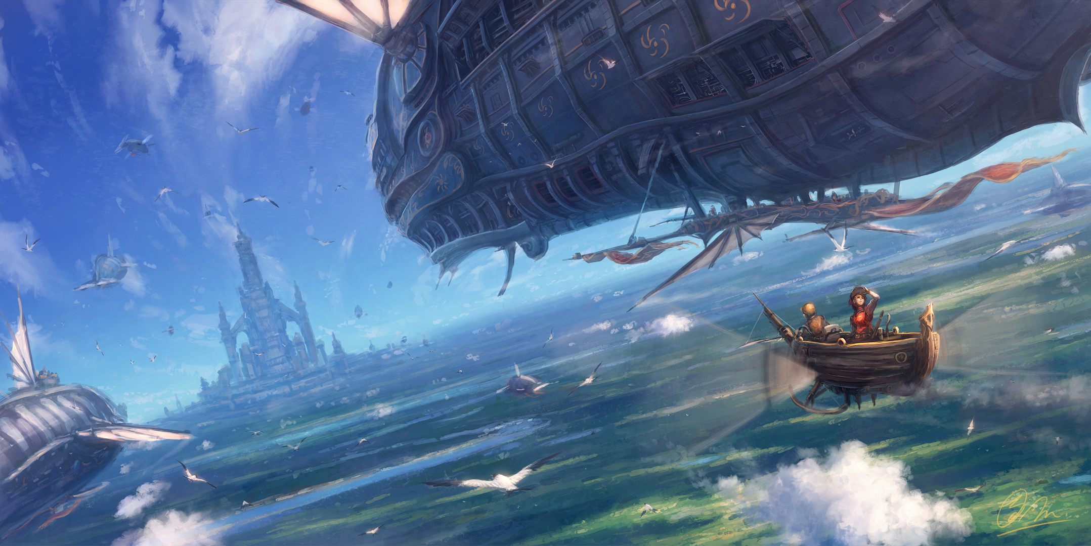 Anime airships flying over a fantasy city HD Wallpaper