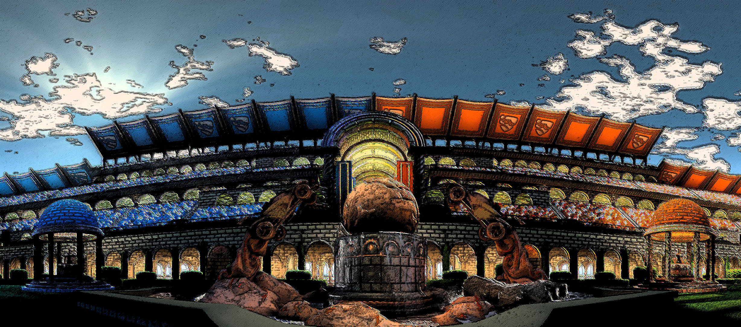 Rocket League stadium with blue and orange stands HD Wallpaper
