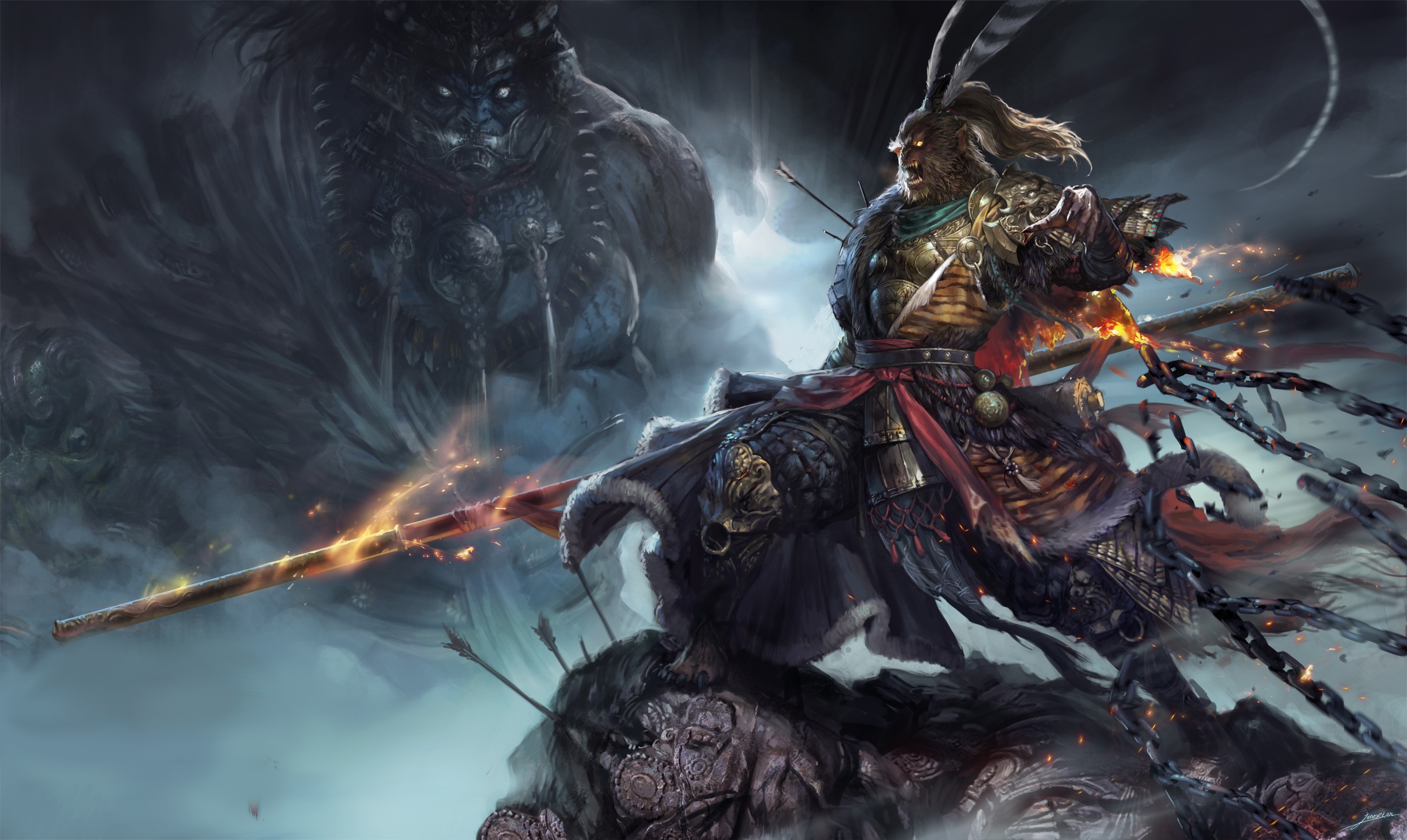 Fantasy warrior with a large monster in the background HD Wallpaper