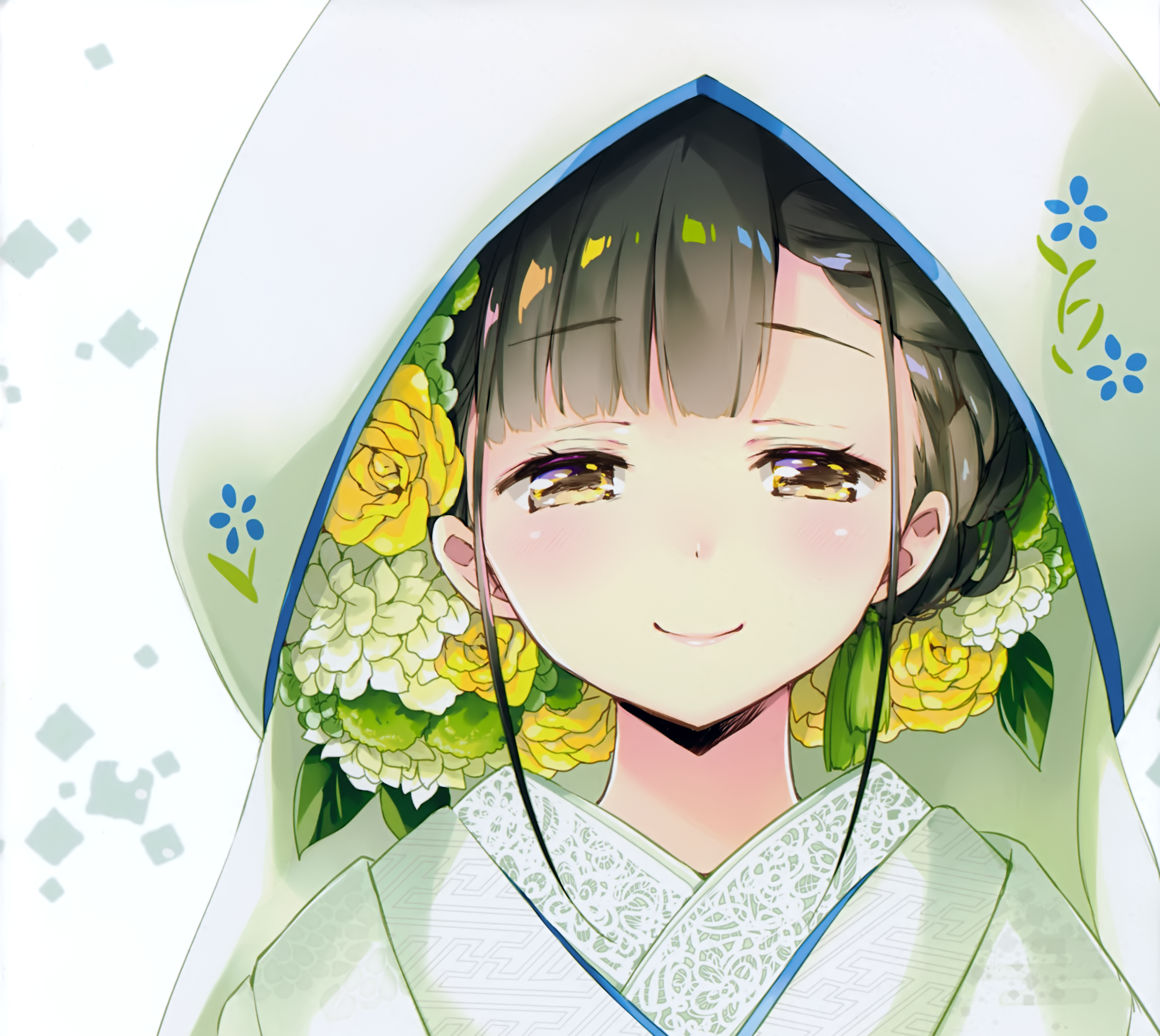 Girl in Kimono with Flowers and Hood HD Wallpaper