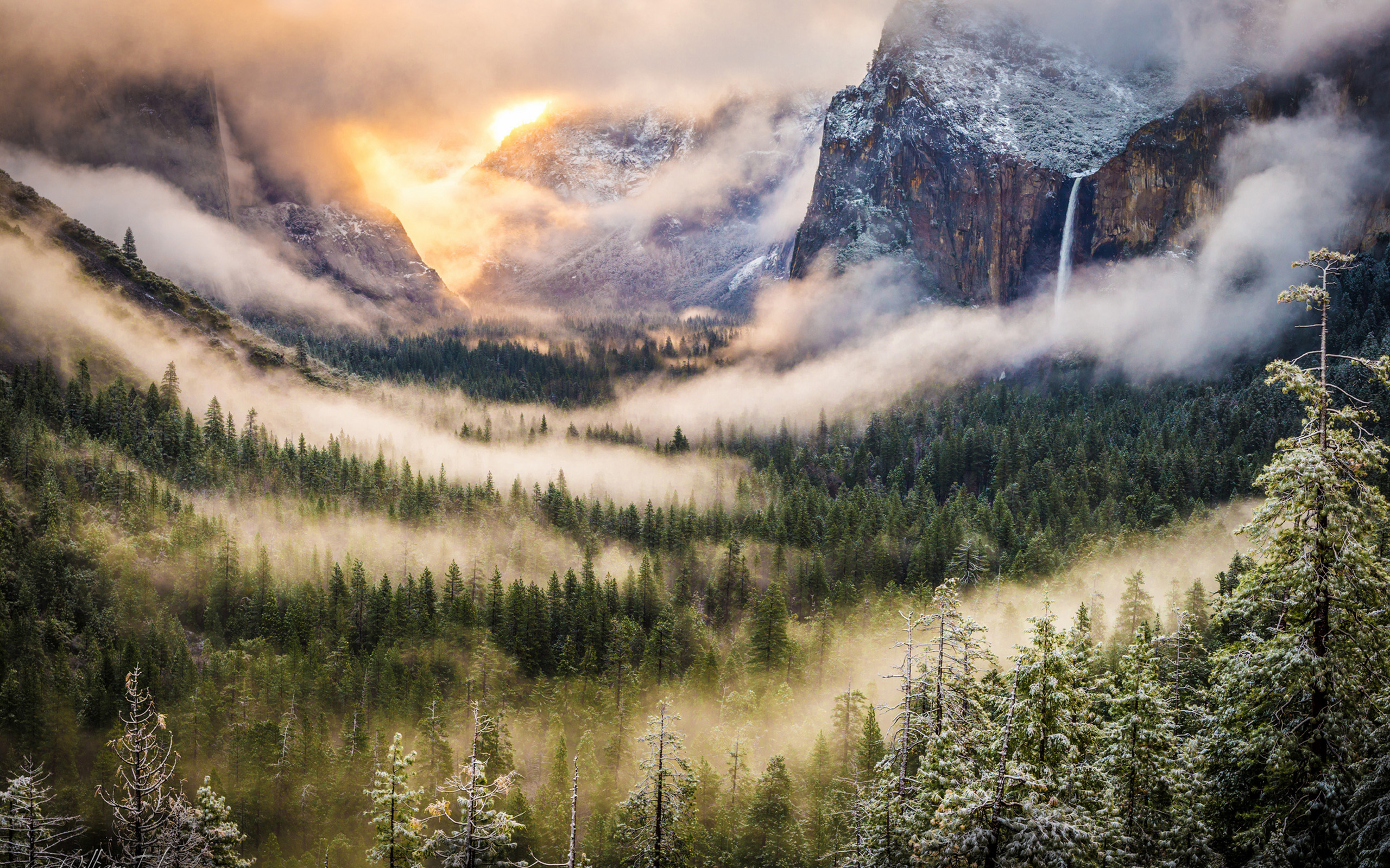 Waterfall in Yosemite Valley with Fog HD Wallpaper