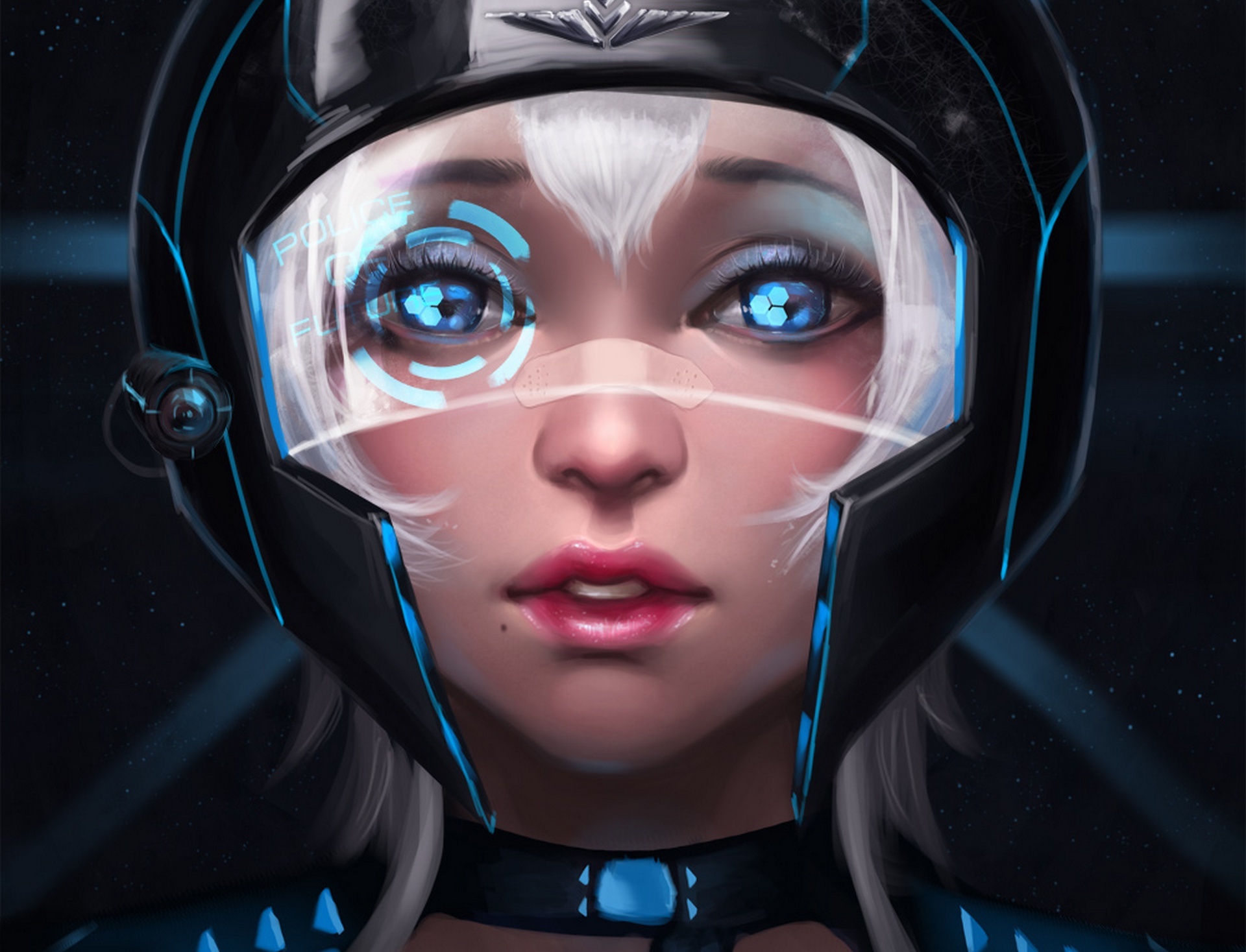 Woman in Sci-Fi Helmet with Futuristic Eyes HD Wallpaper