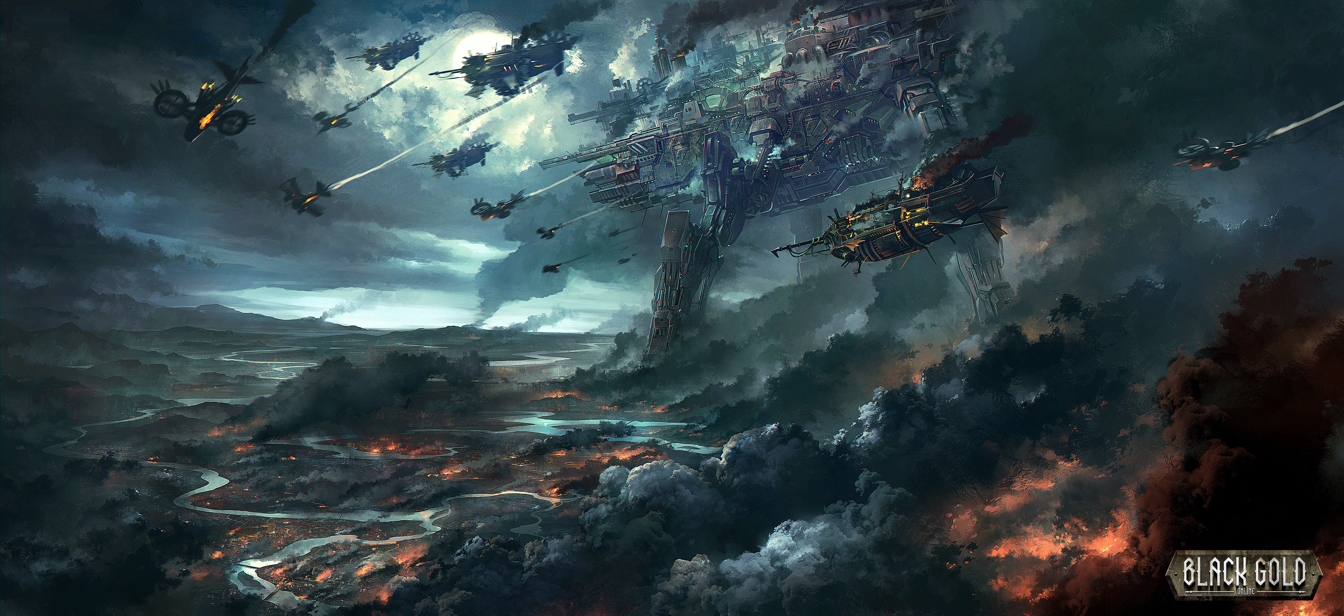 Black Gold Online: Airships and a Burning City HD Wallpaper