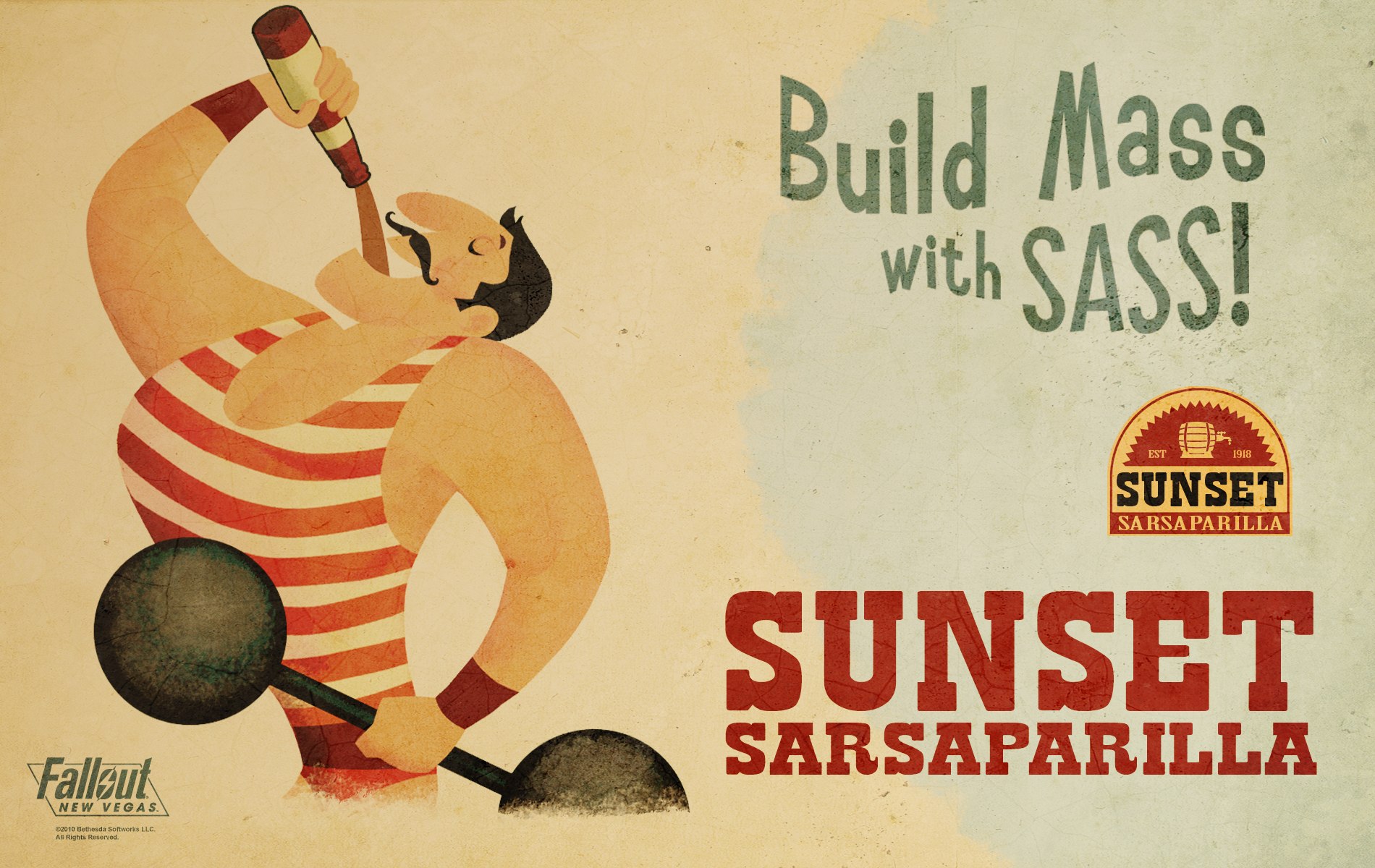 Circus strongman drinking Sunset Sarsaparilla from Fallout: New Vegas HD Wallpaper