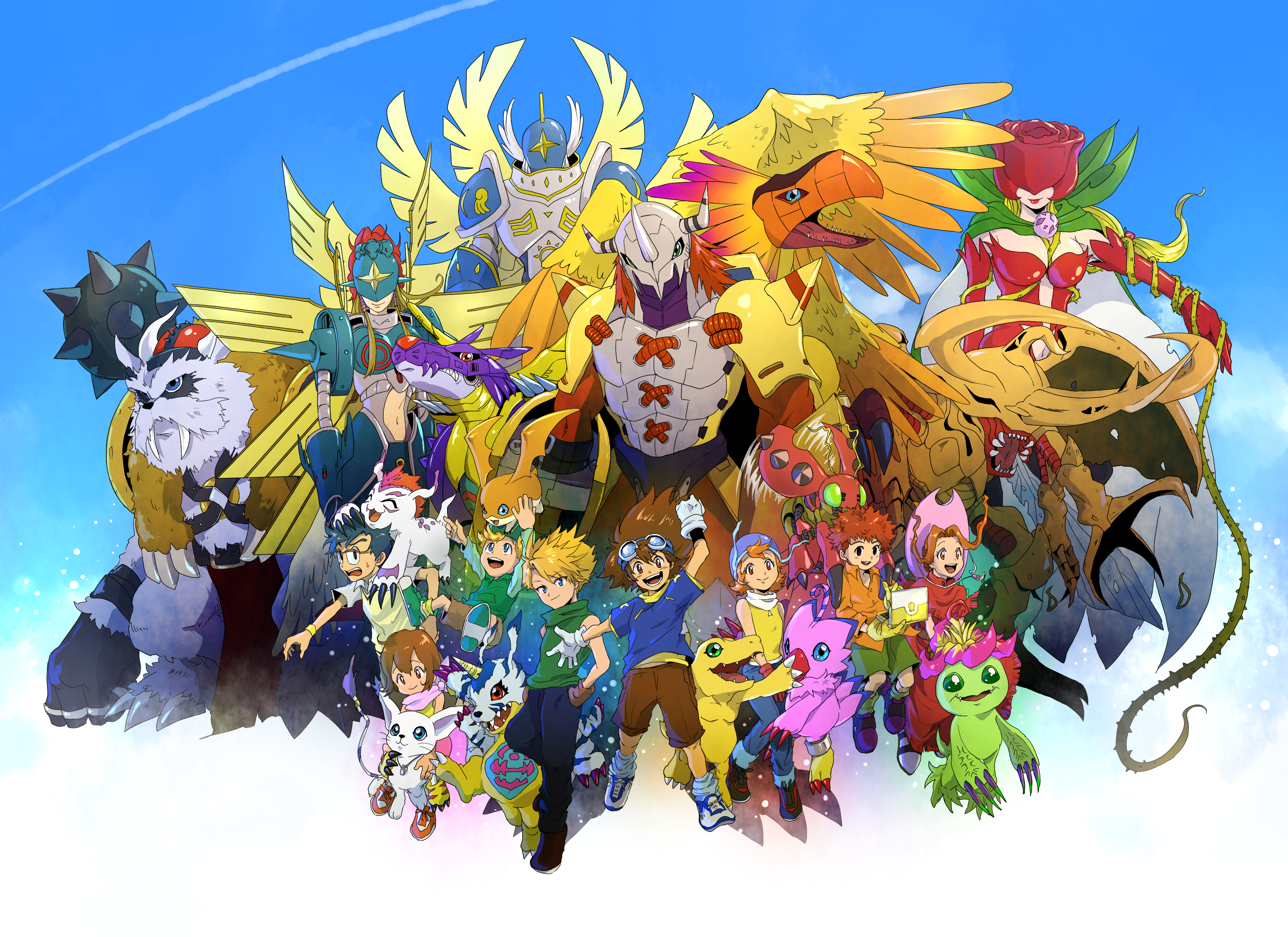 Digimon characters and Digimon in a group portrait HD Wallpaper