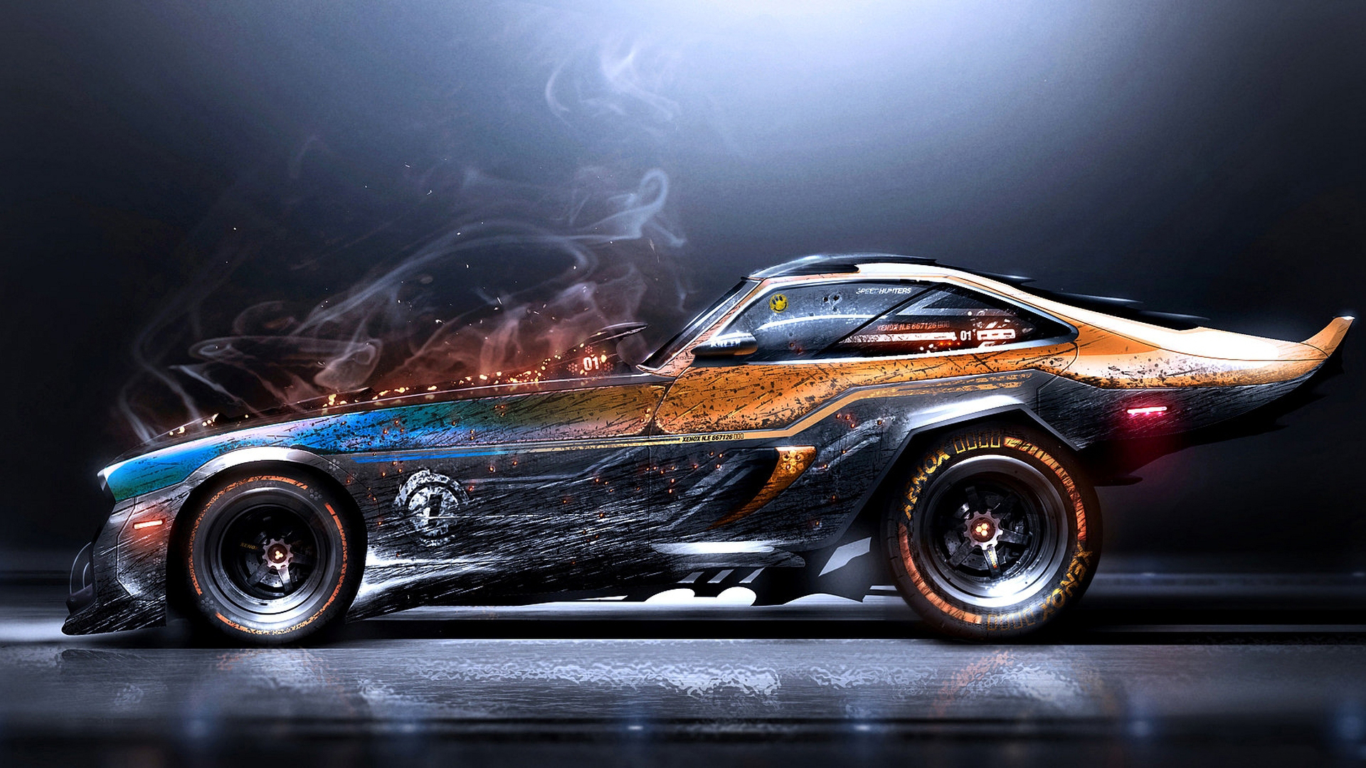 Artistic futuristic car with smoke and fire effects HD Wallpaper