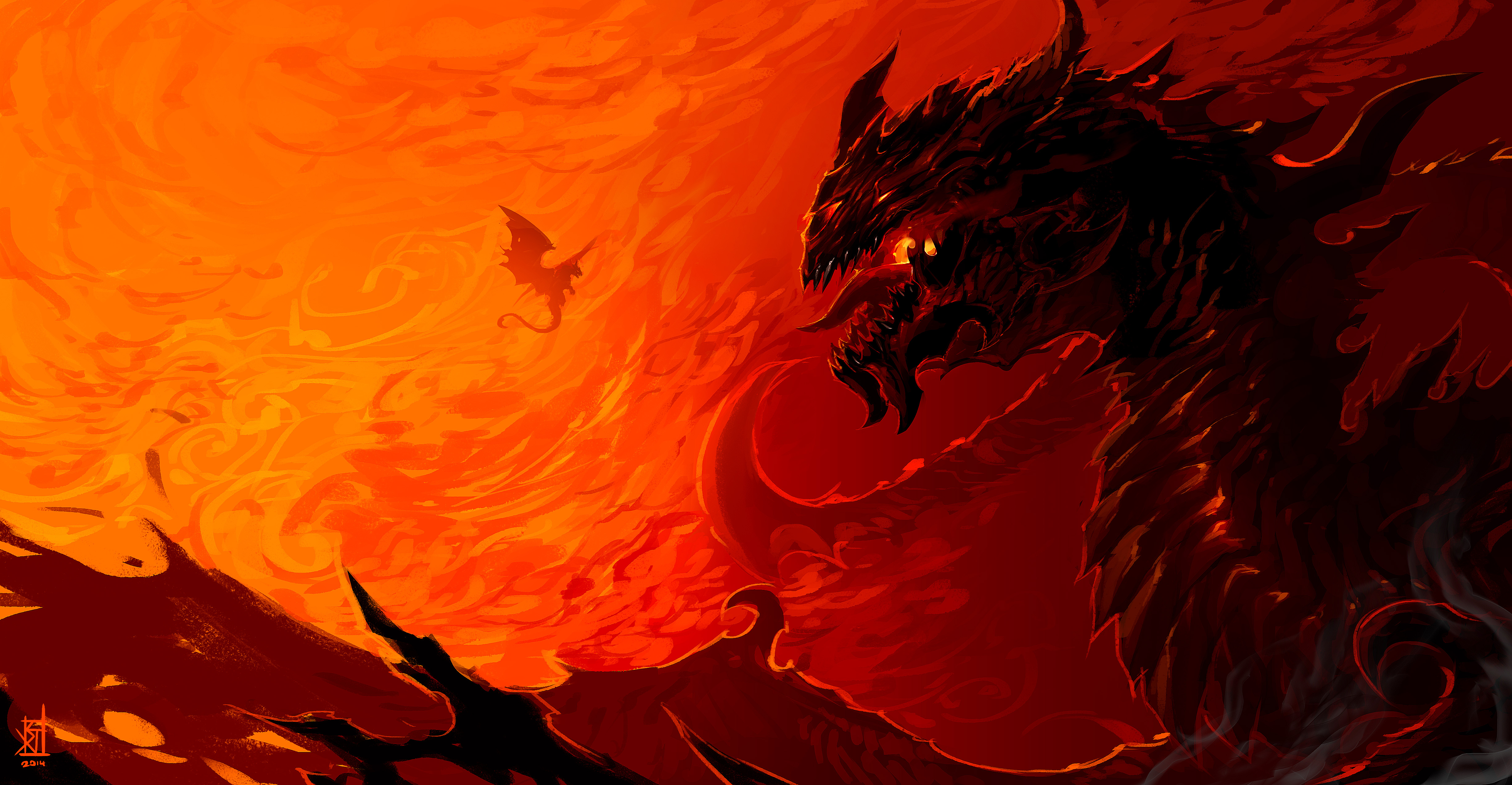 Dragon in a fiery landscape HD Wallpaper