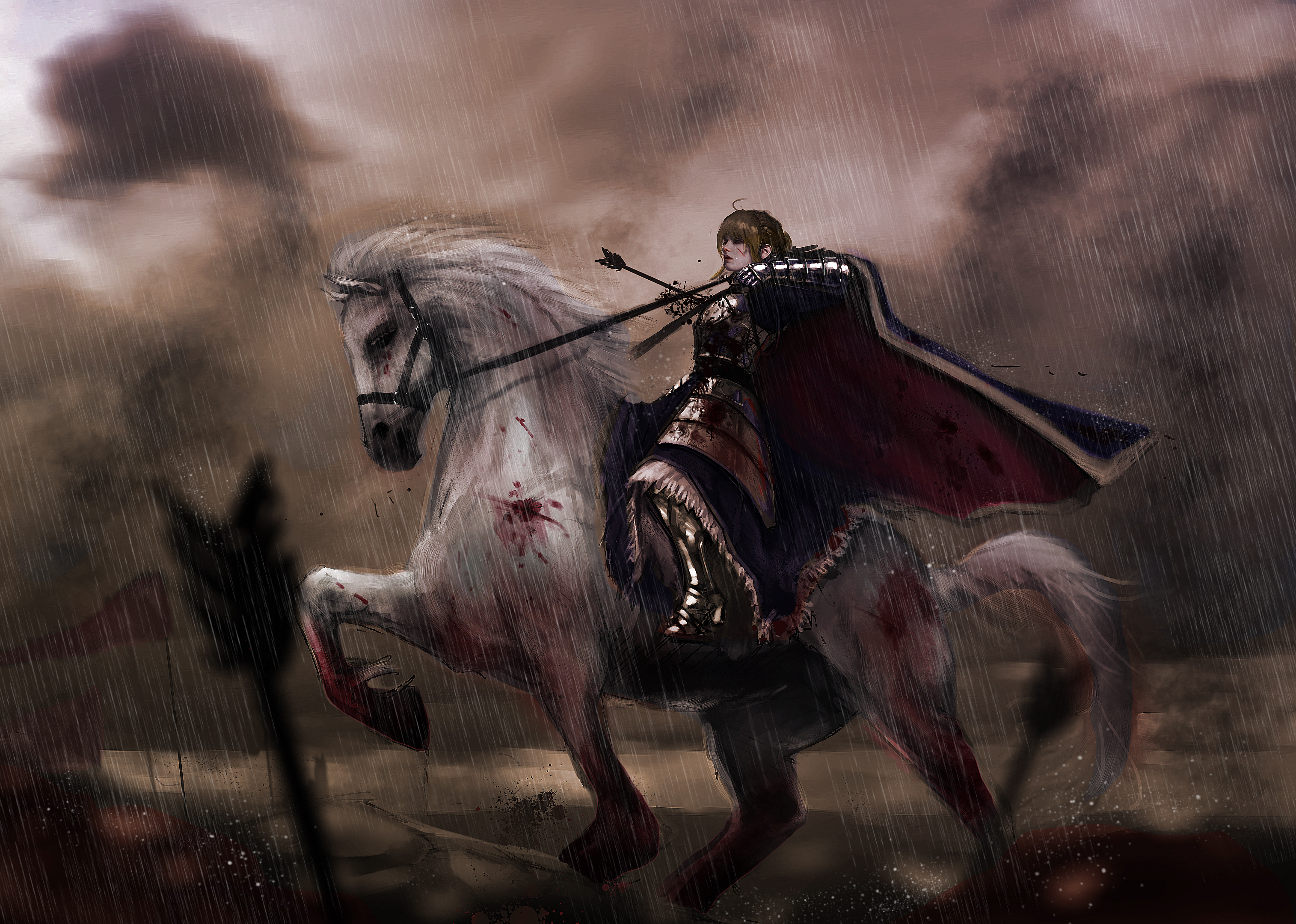 Saber from Fate Series on a bloody horse in the rain HD Wallpaper