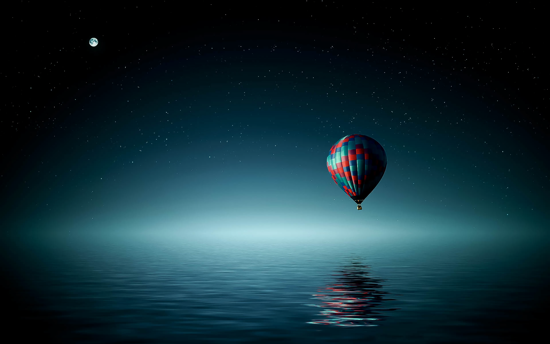 Hot air balloon over the ocean at night with moon and stars HD Wallpaper