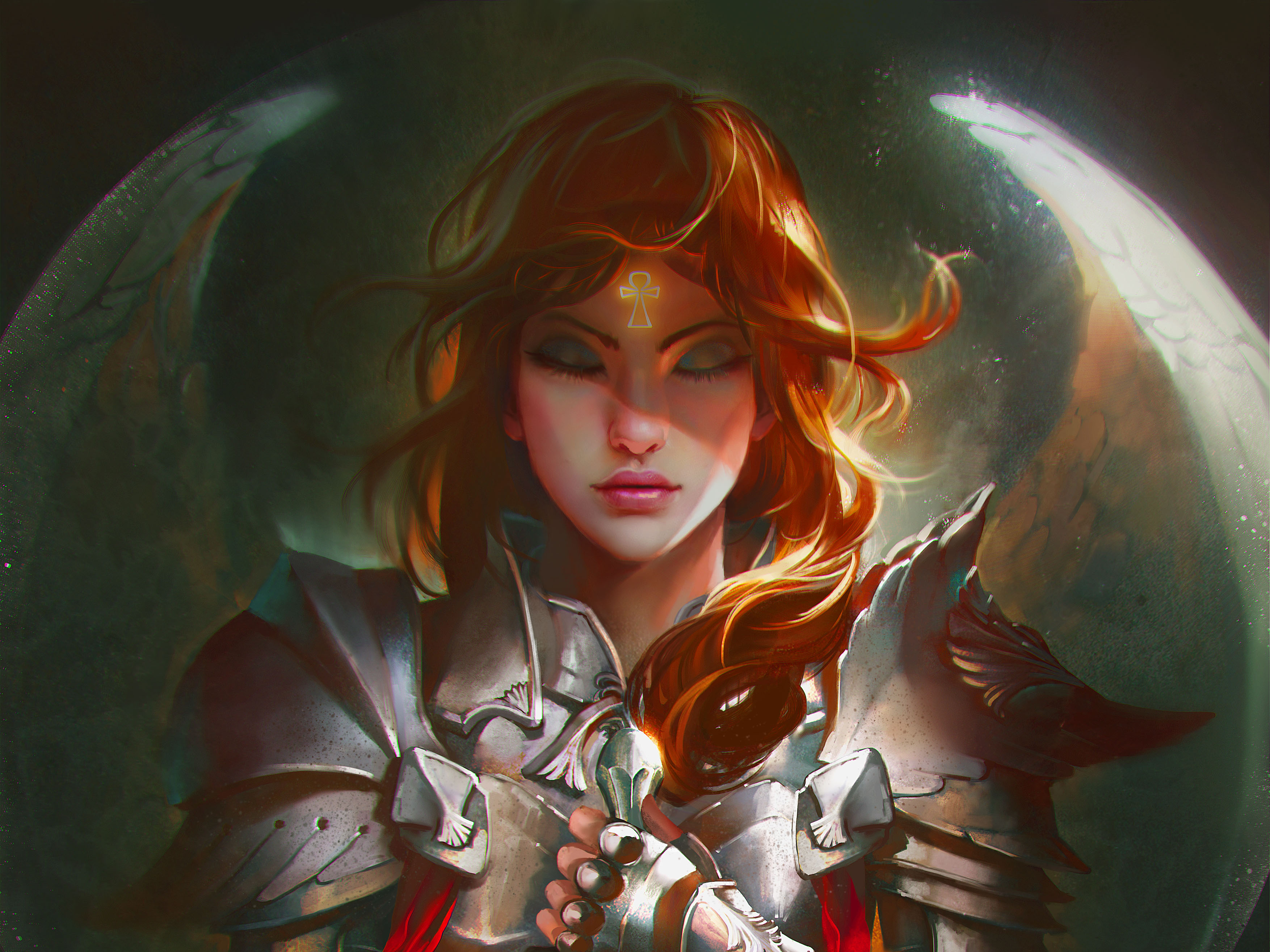 Woman warrior in armor with sword and wings HD Wallpaper