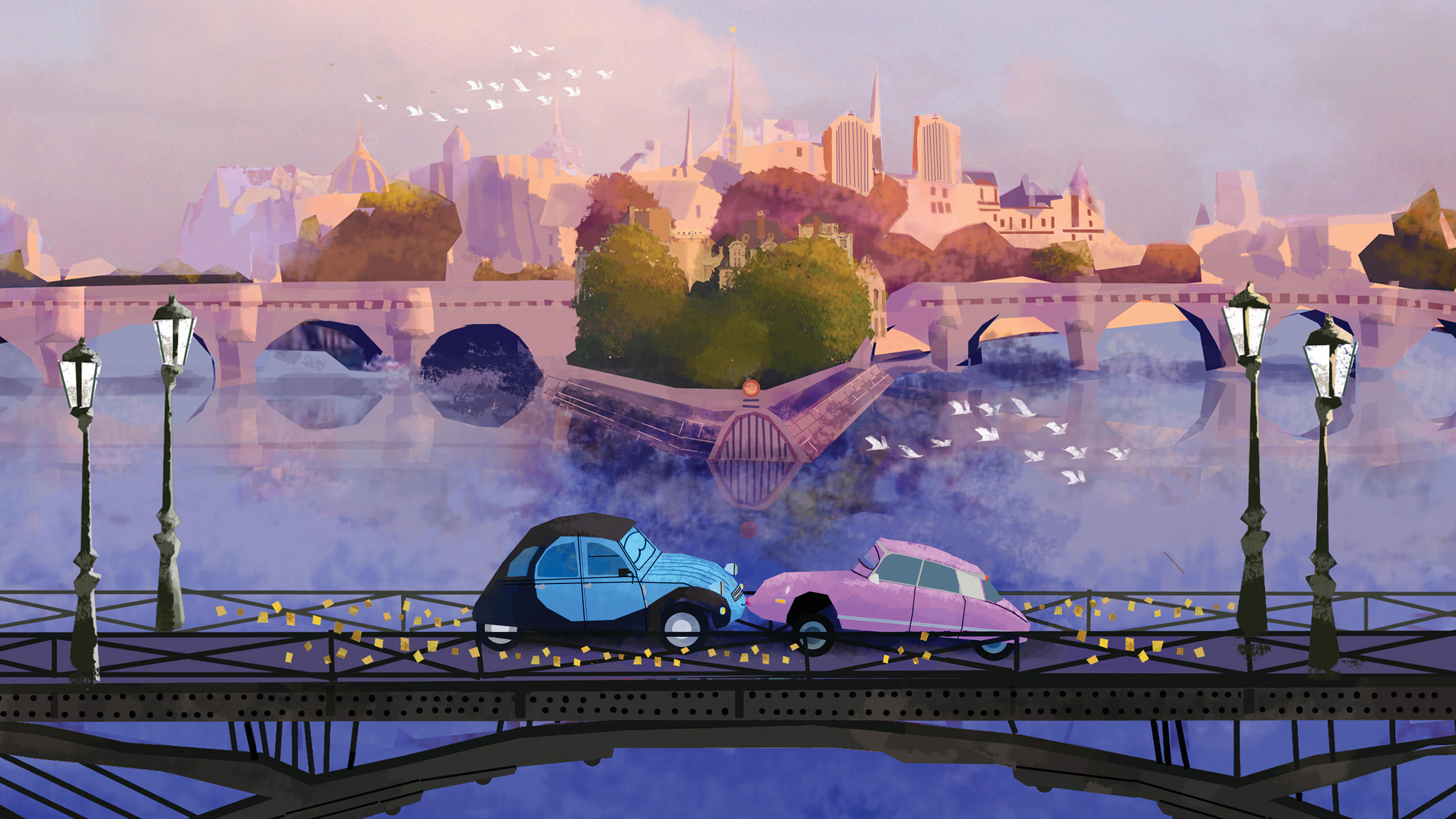 Parisian bridge with vintage cars and cityscape HD Wallpaper
