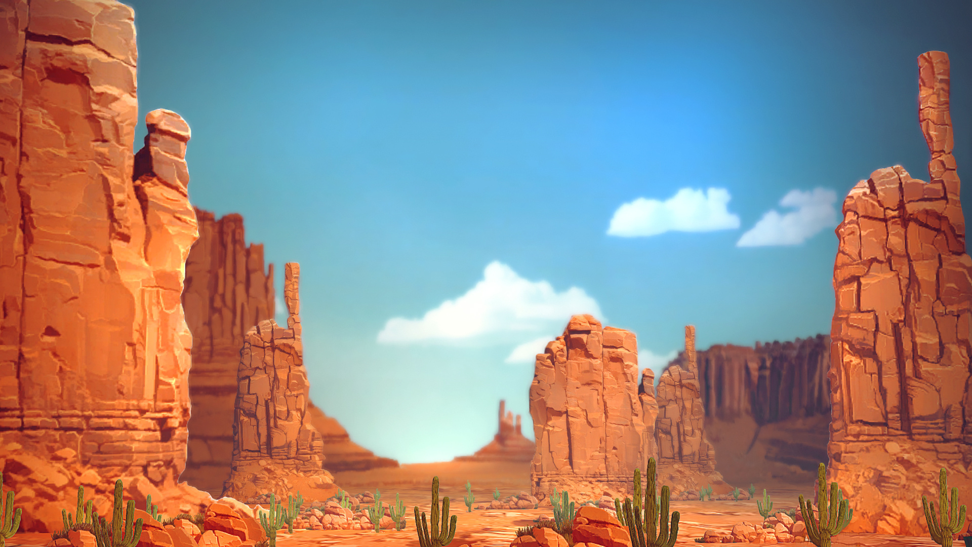 Desert Canyon with Cacti and Rock Formations HD Wallpaper