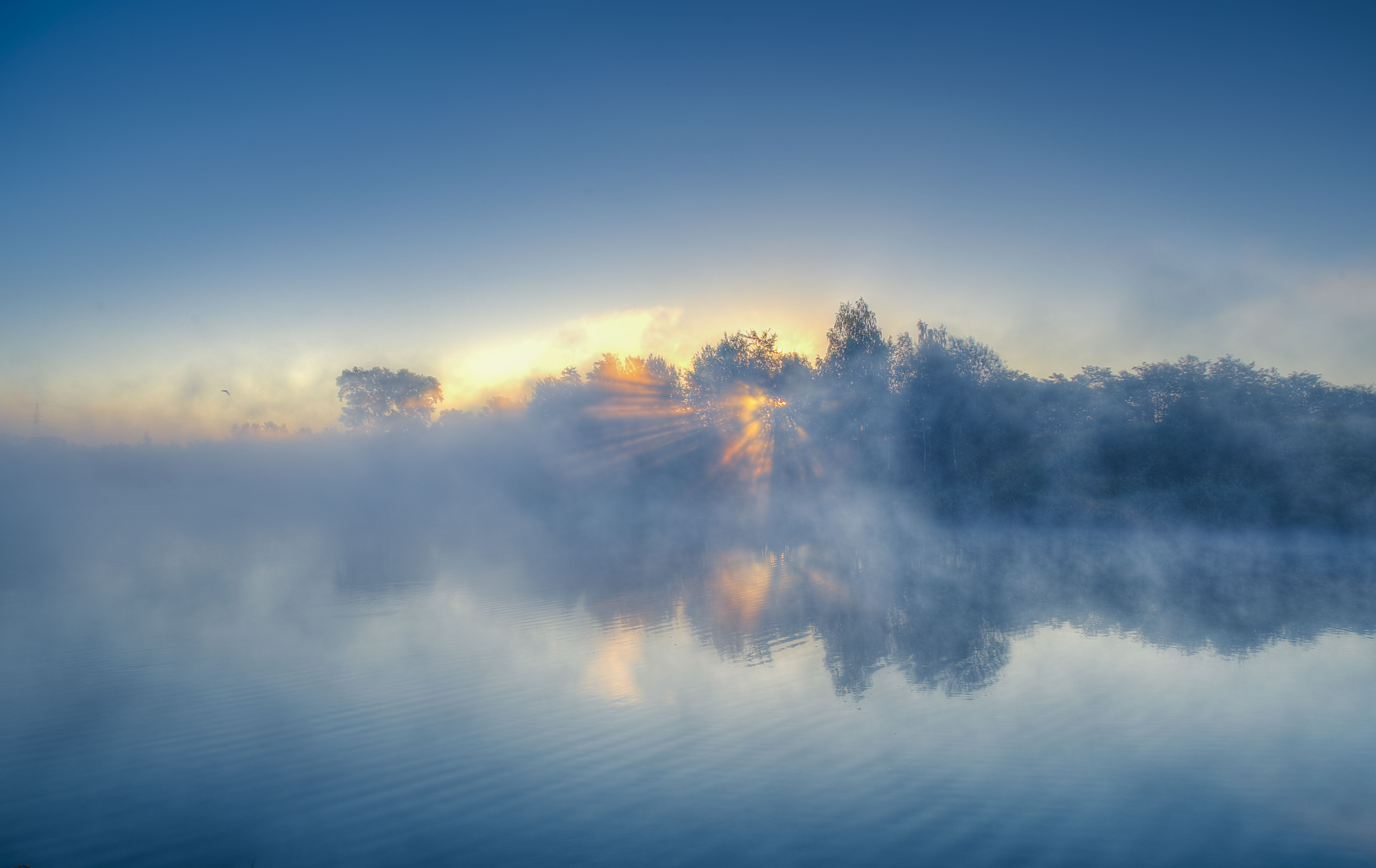 Sunrise over a misty river with trees HD Wallpaper