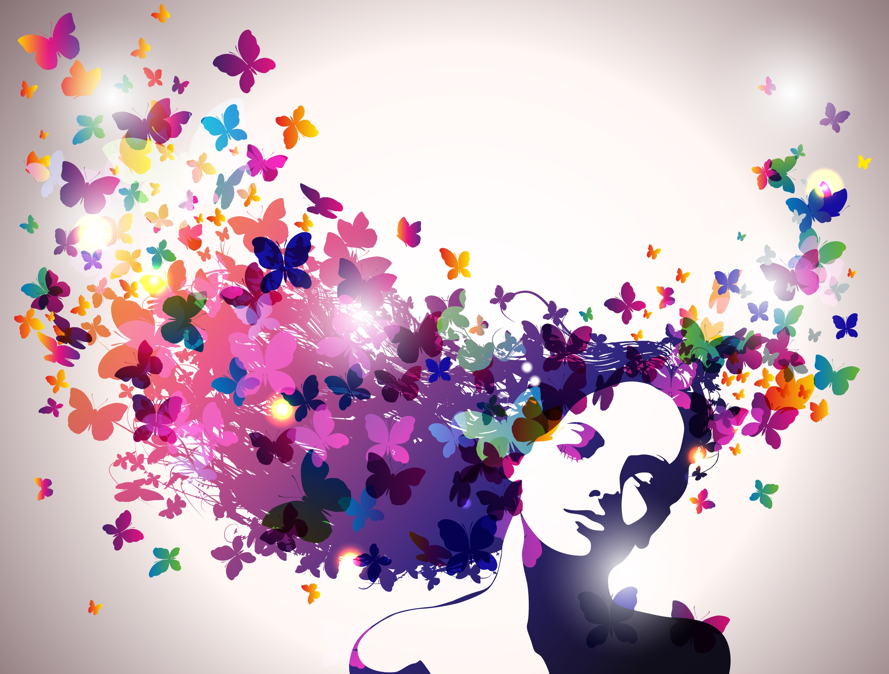 Woman with colorful butterflies in her hair HD Wallpaper