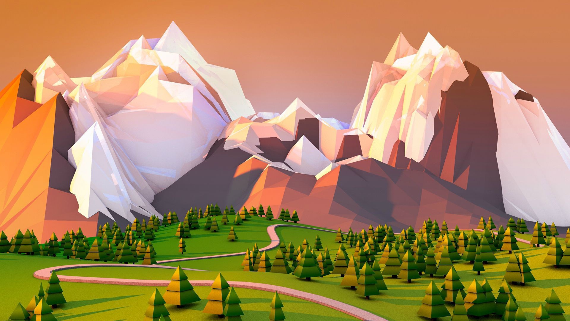 Low Poly Mountains and Forest Landscape HD Wallpaper