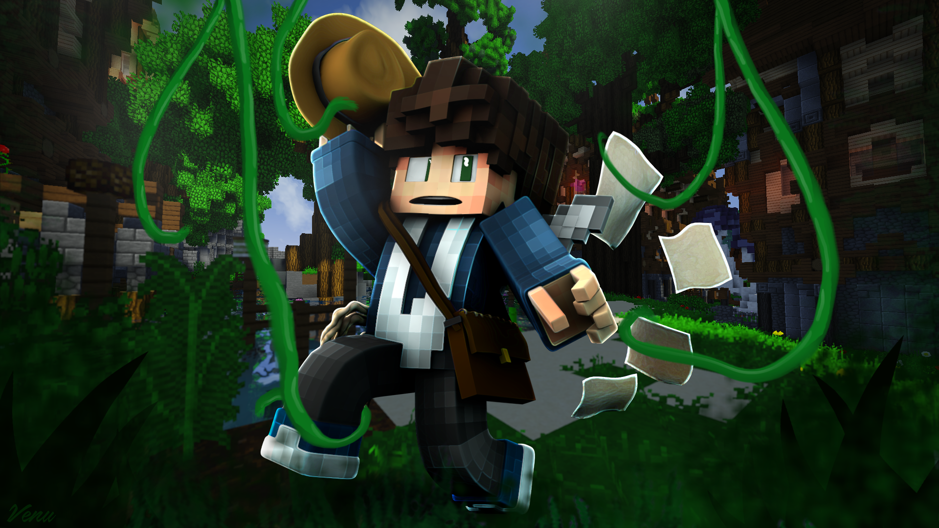 Minecraft character with hat and satchel in jungle HD Wallpaper