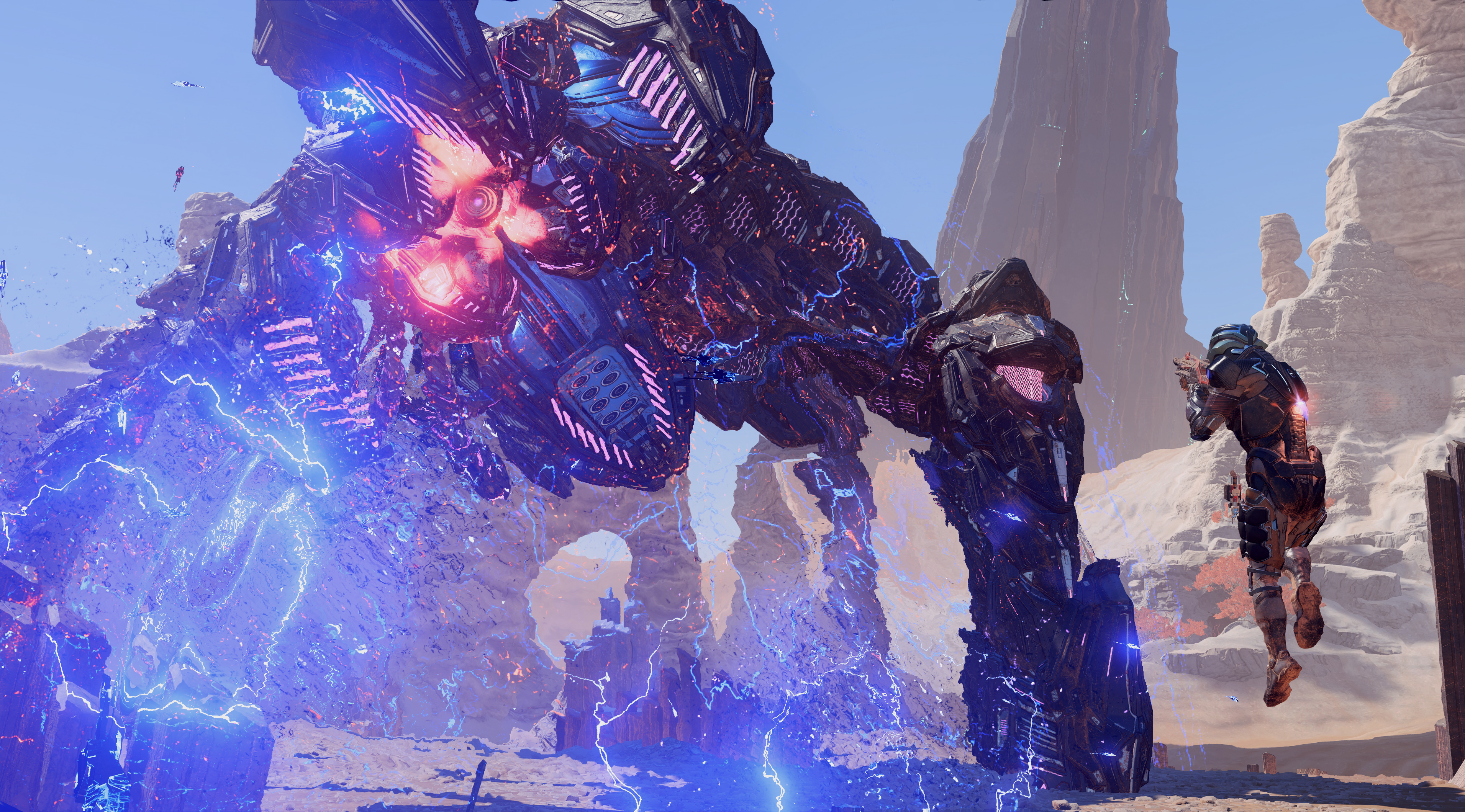 Mass Effect: Andromeda - Giant Mech and Soldier in Desert HD Wallpaper