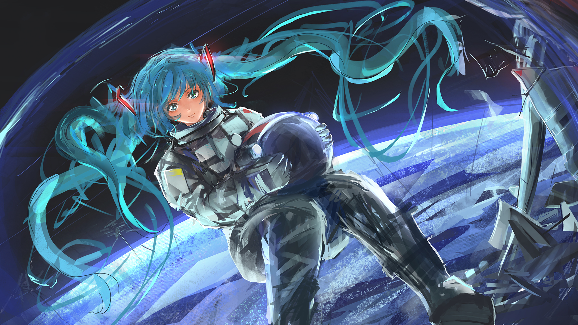 Hatsune Miku in a spacesuit floating in space HD Wallpaper