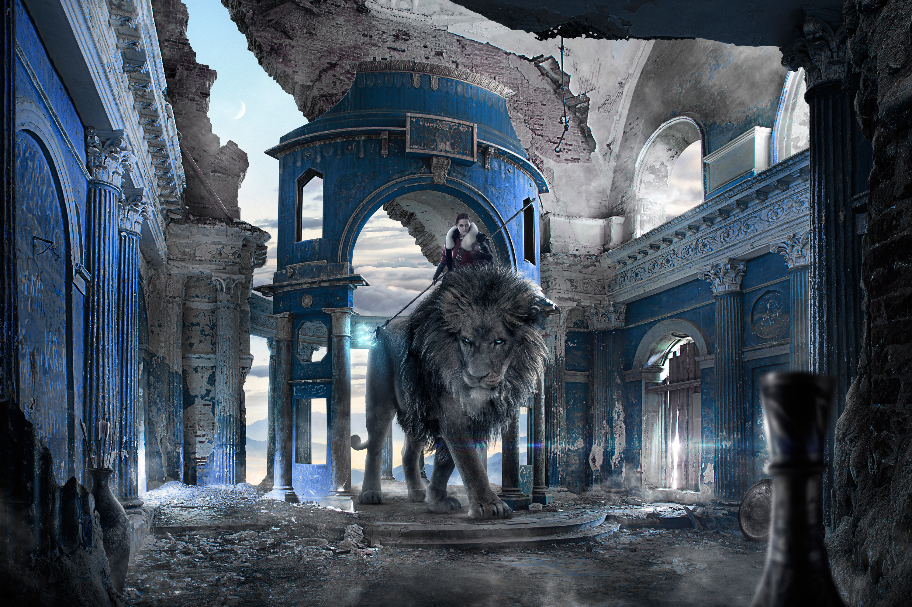 Fantasy Lion with Woman Warrior in Ruins HD Wallpaper
