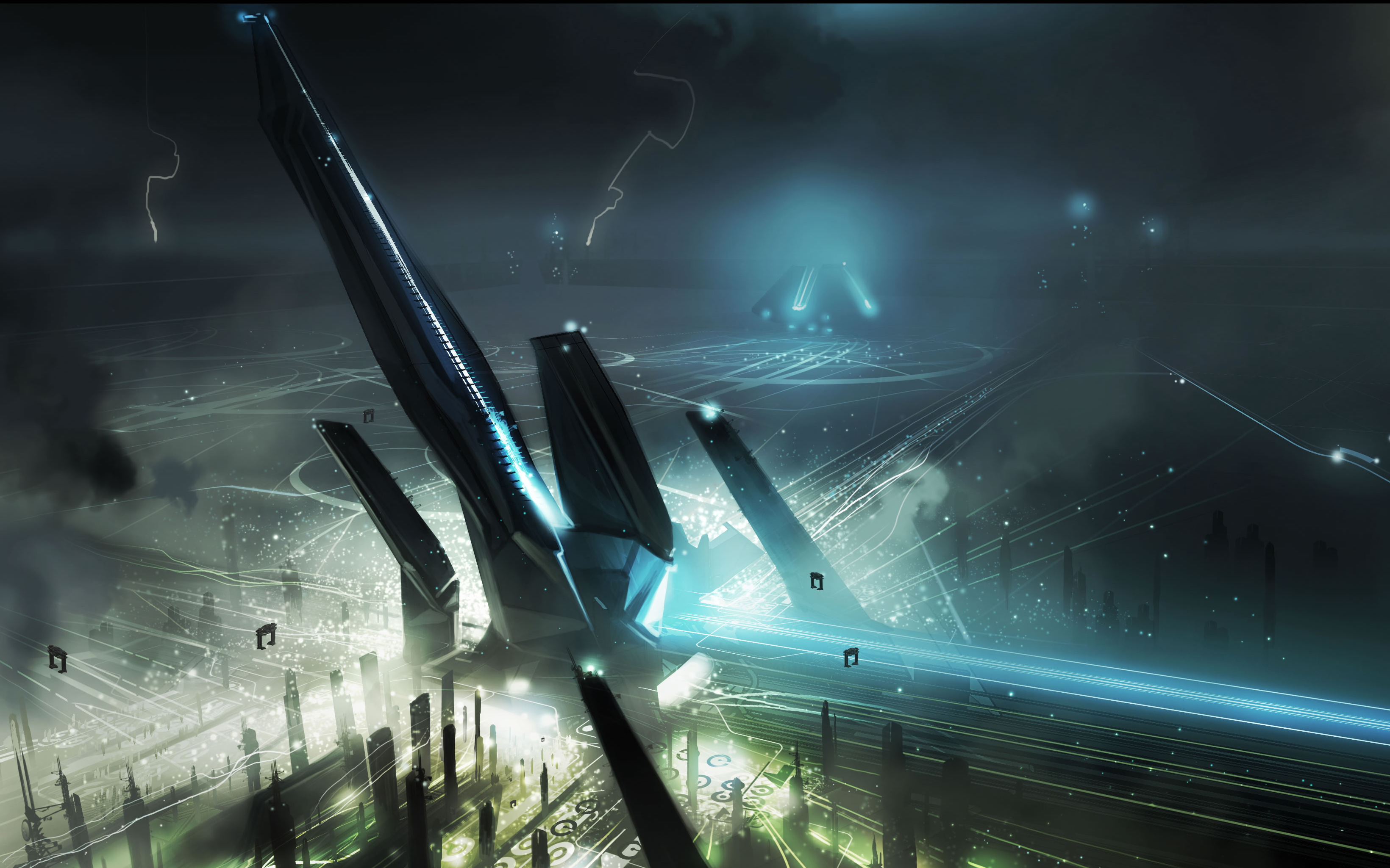Futuristic spaceport with glowing structures and vehicles HD Wallpaper