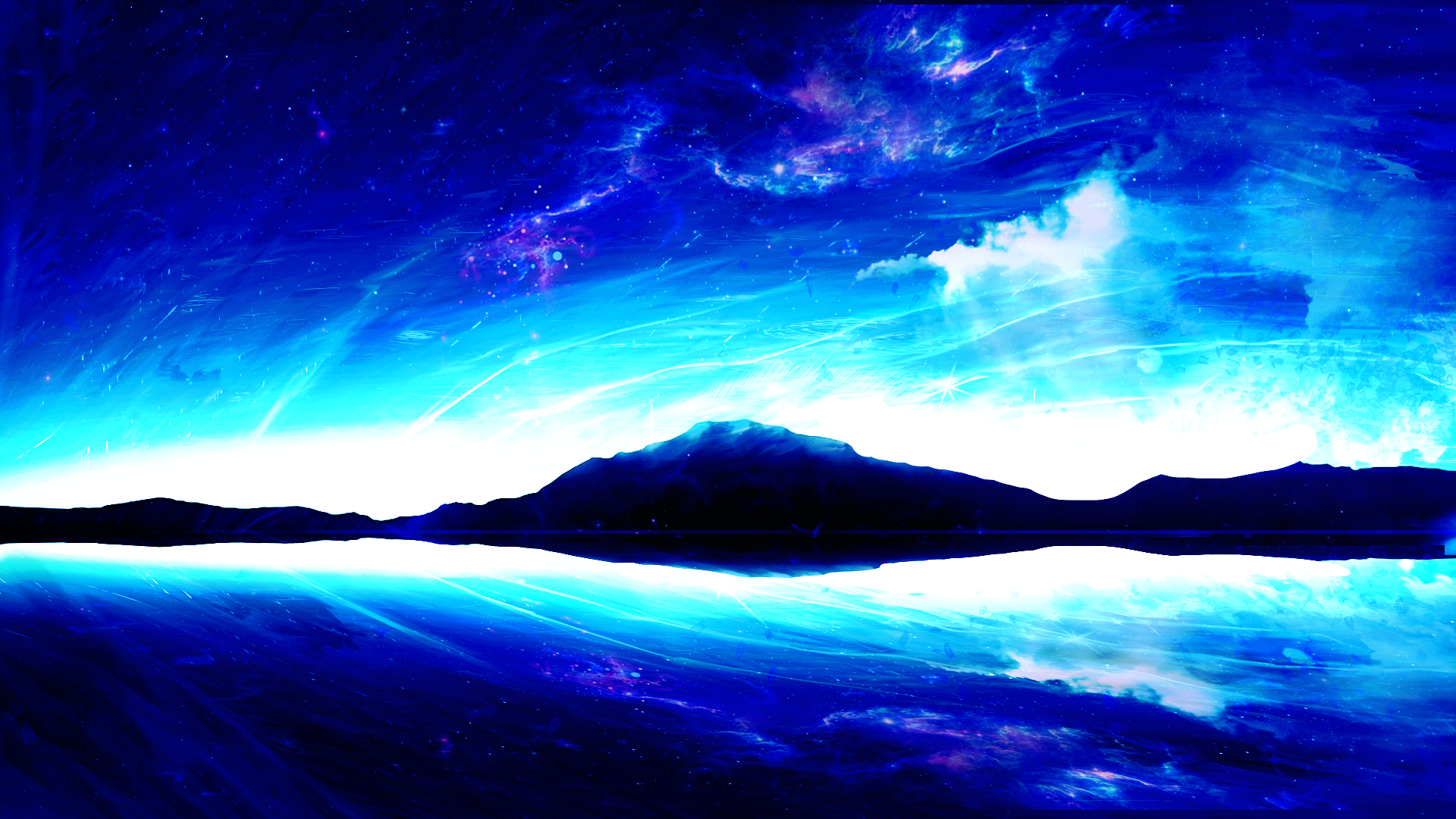 Fantasy blue sky over mountains and lake HD Wallpaper