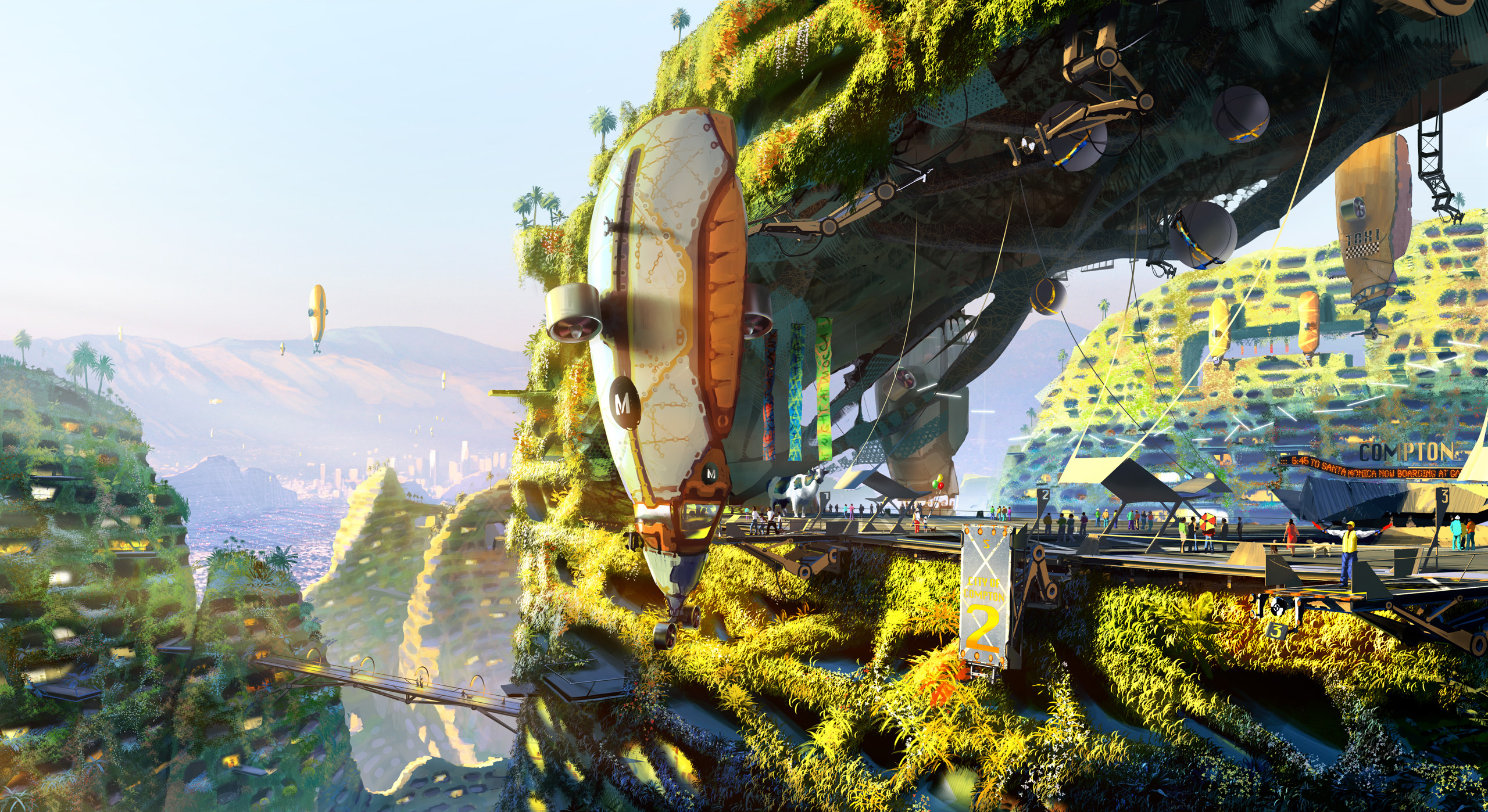 Futuristic city with airships and vertical farms HD Wallpaper