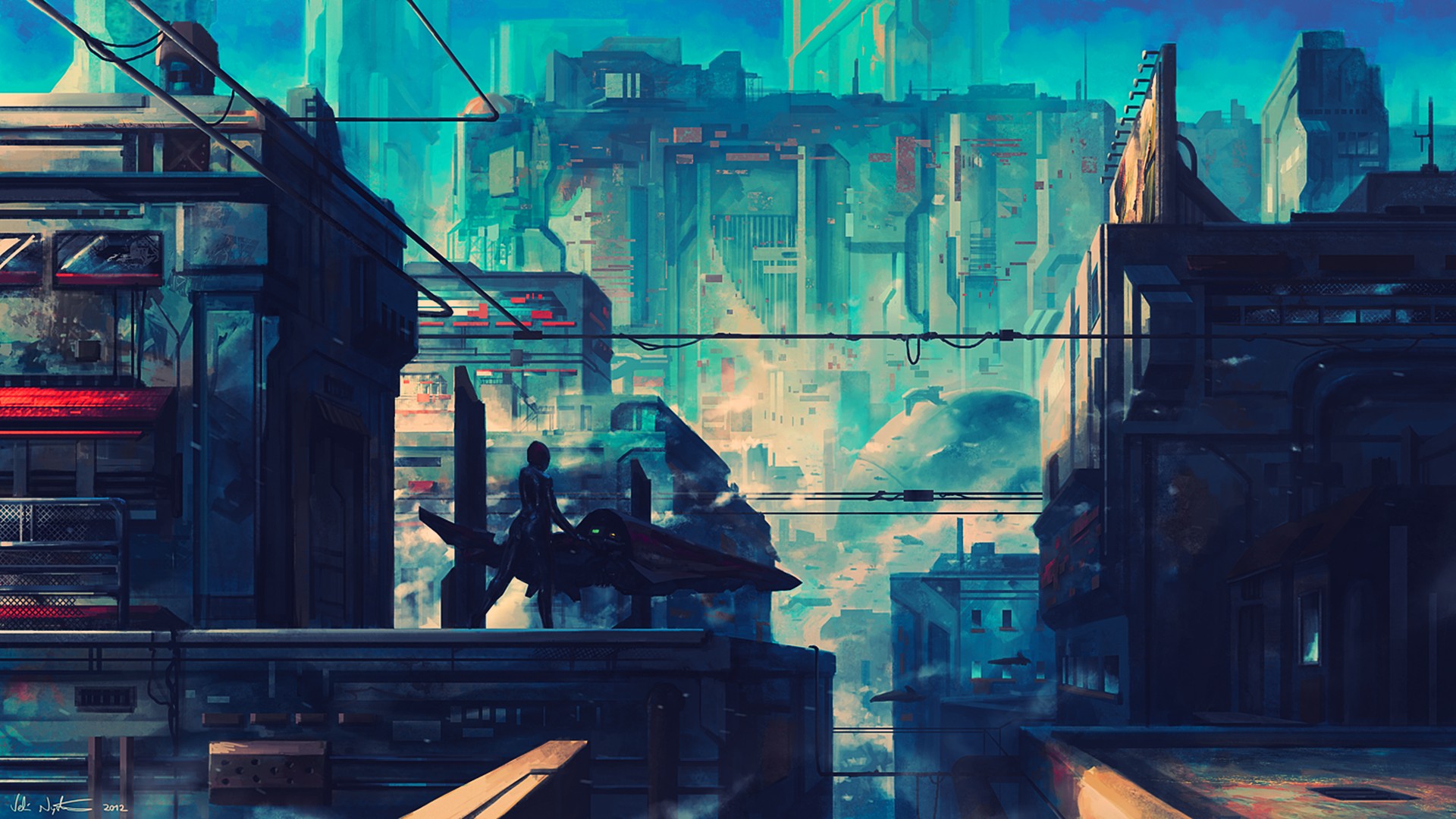 Sci-Fi Cityscape with Flying Vehicle HD Wallpaper