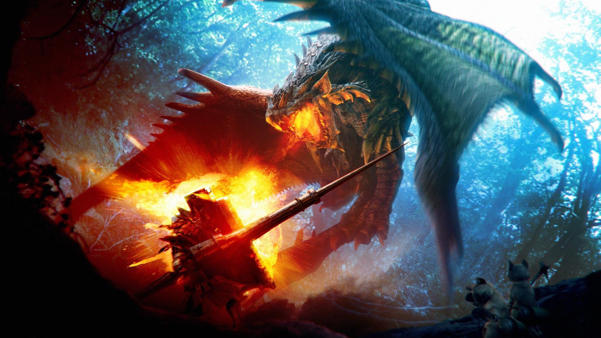 Dragon breathing fire on a weapon in a forest HD Wallpaper